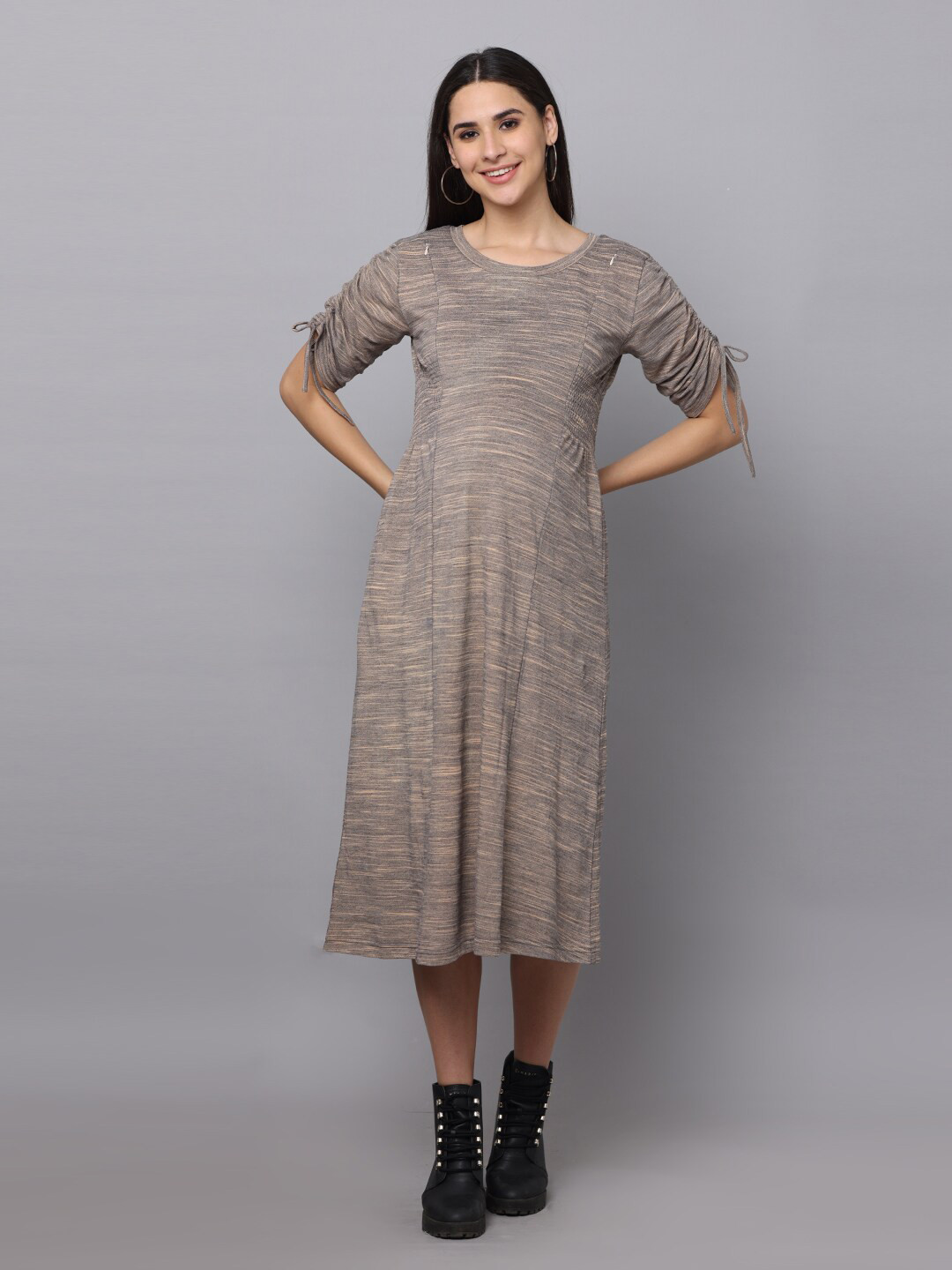 

The Mom Store Round Neck Tie Up Ruched Sleeves Maternity Cotton A-Line Midi Dress, Grey