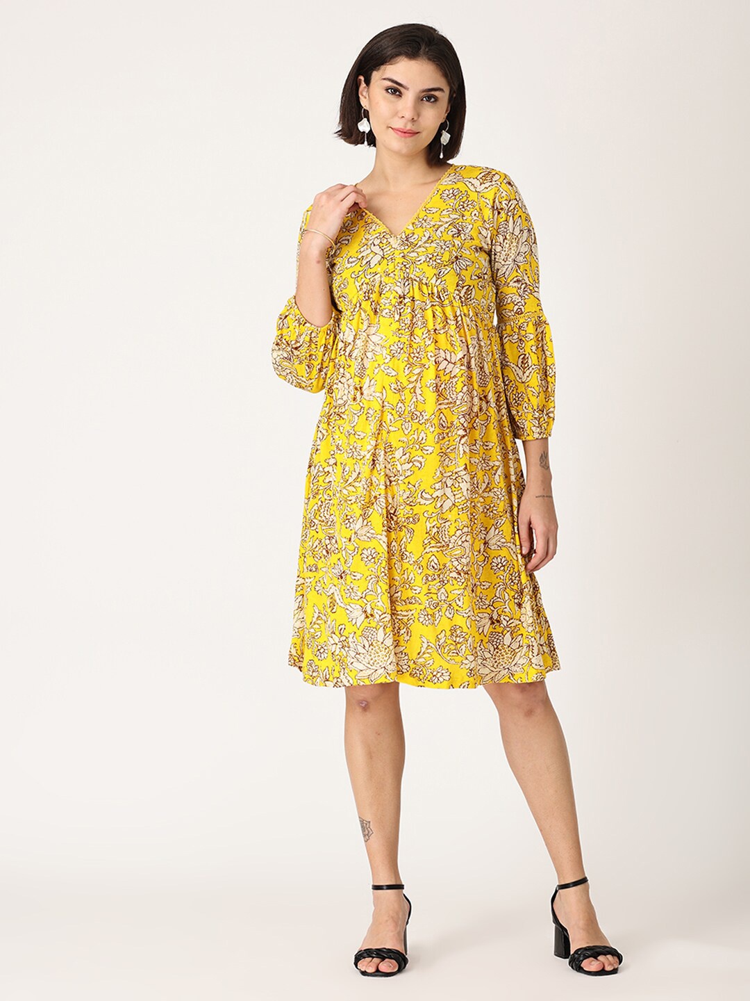 

The Mom Store V-Neck Floral Printed Cotton Maternity Fit & Flare Dress, Yellow