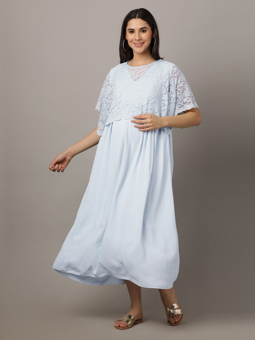 

The Mom Store Round Neck Cape Sleeves Cotton Maternity Maxi Dress, Blue