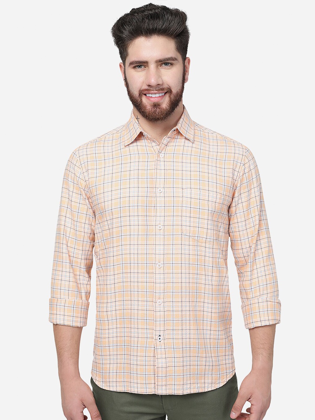 

Greenfibre Checked Cutaway Collar Cotton Slim Fit Casual Shirt, Cream