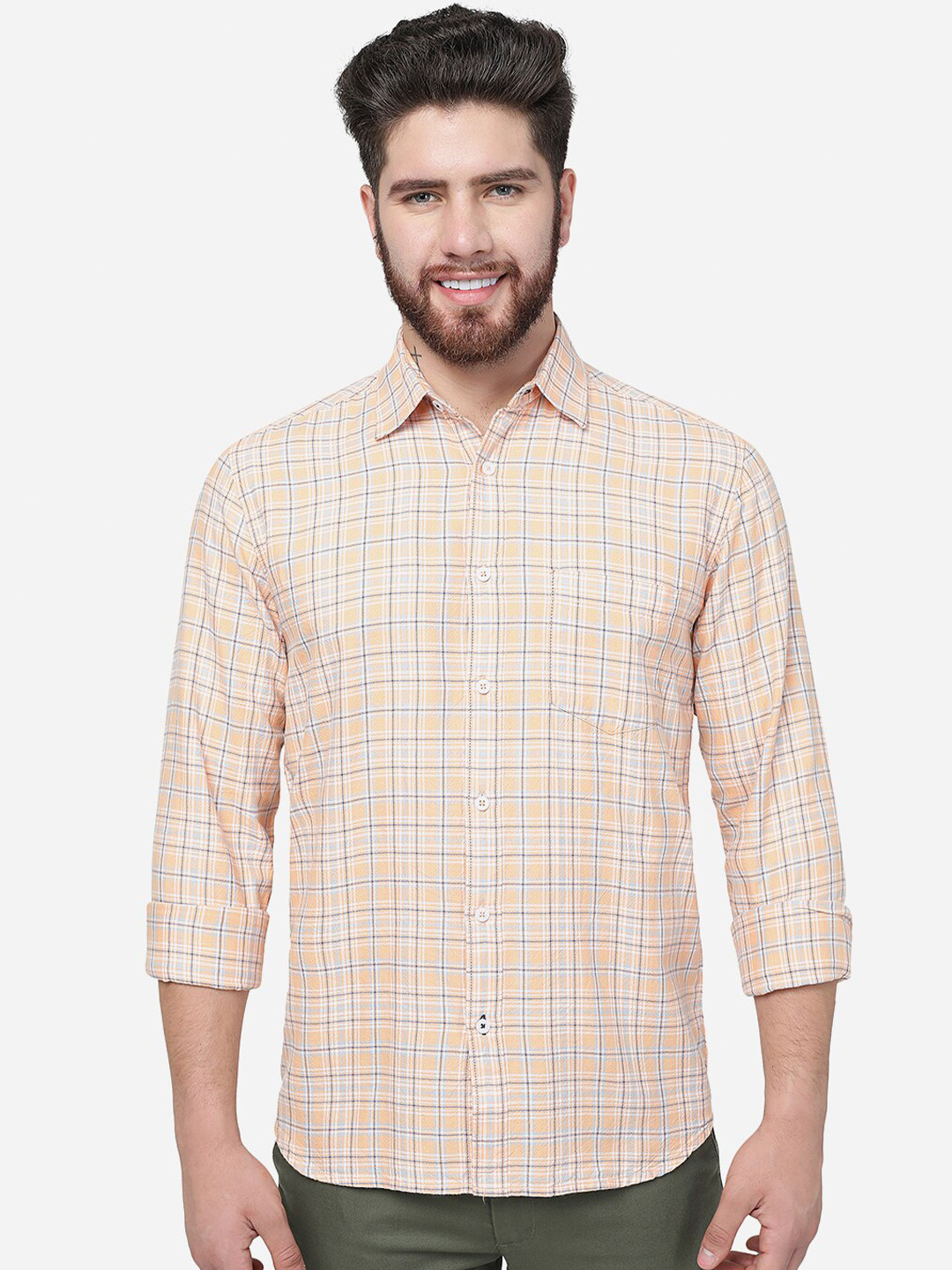 

Greenfibre Checked Cutaway Collar Cotton Slim Fit Casual Shirt, Orange