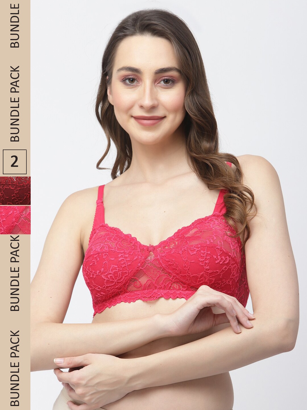 

Docare Pack Of 2 Non-Padded Non Wired Lace Half Coverage Cotton Bralette Bra, Pink