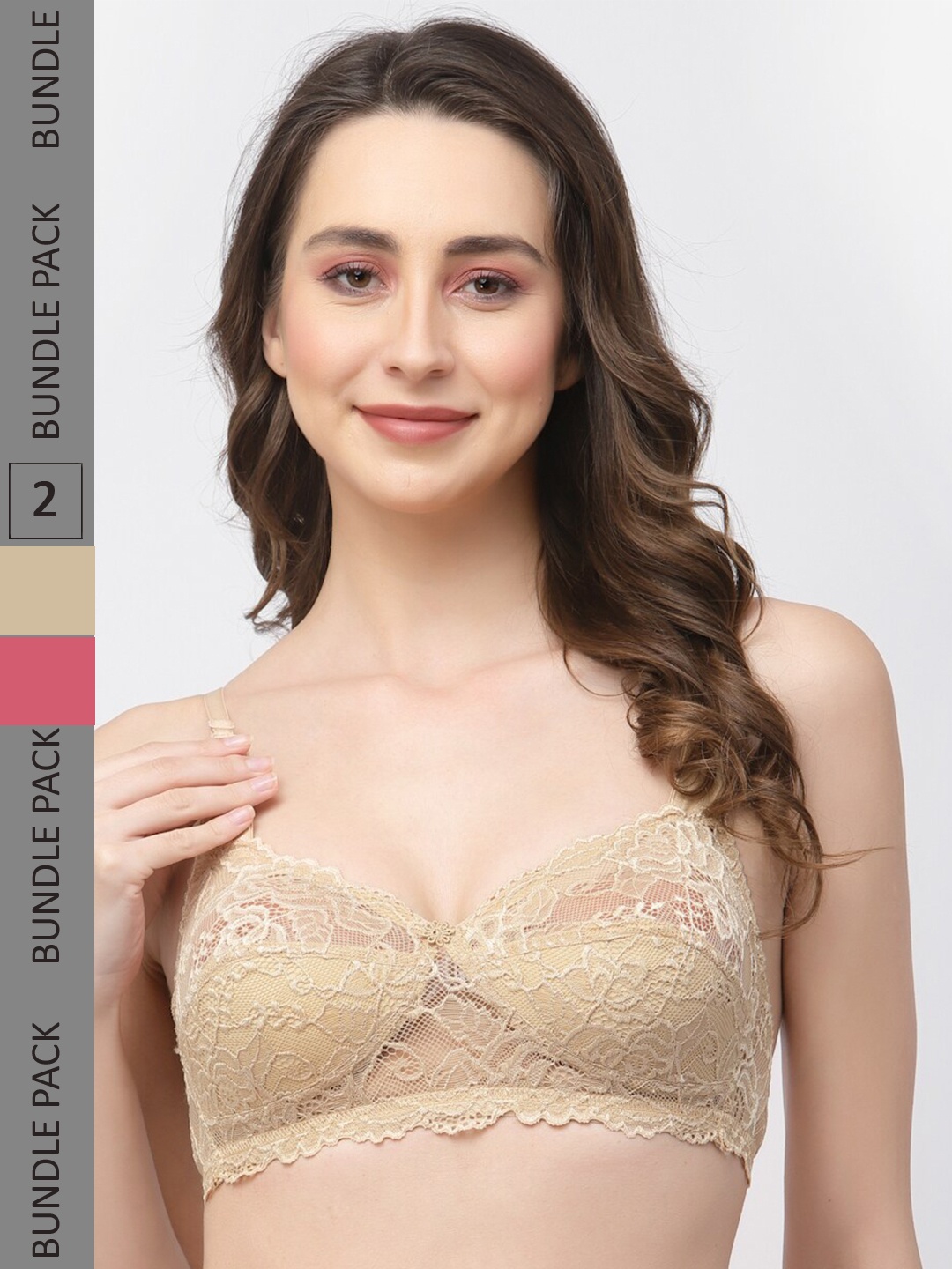 

Docare Pack Of 2 Non-Padded Non Wired Lace Half Coverage Cotton Bralette Bra, Cream