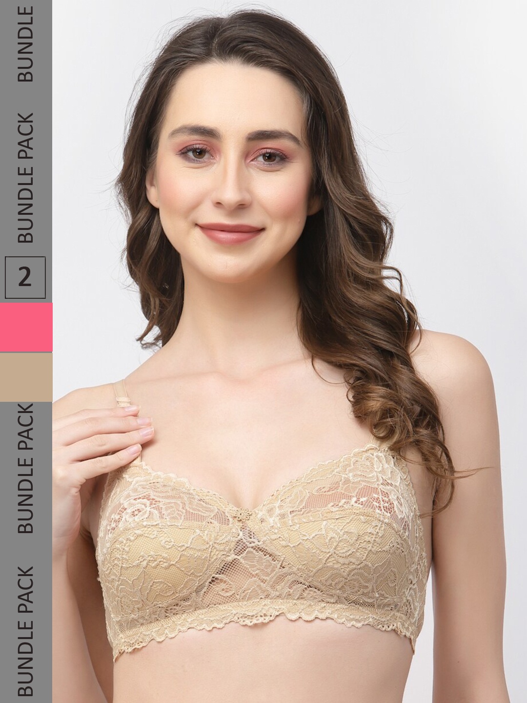 

Docare Pack Of 2 Non-Padded Non Wired Lace Half Coverage Cotton Bralette Bra, Cream