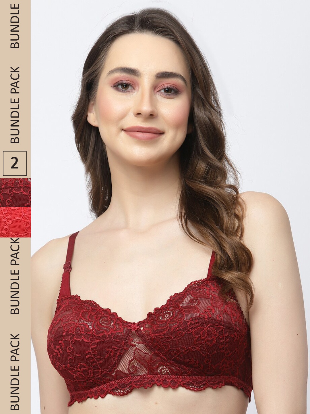 

Docare Pack Of 2 Floral Non Padded All Day Comfort Non-Wired Cotton Bralette Lace Bra, Maroon