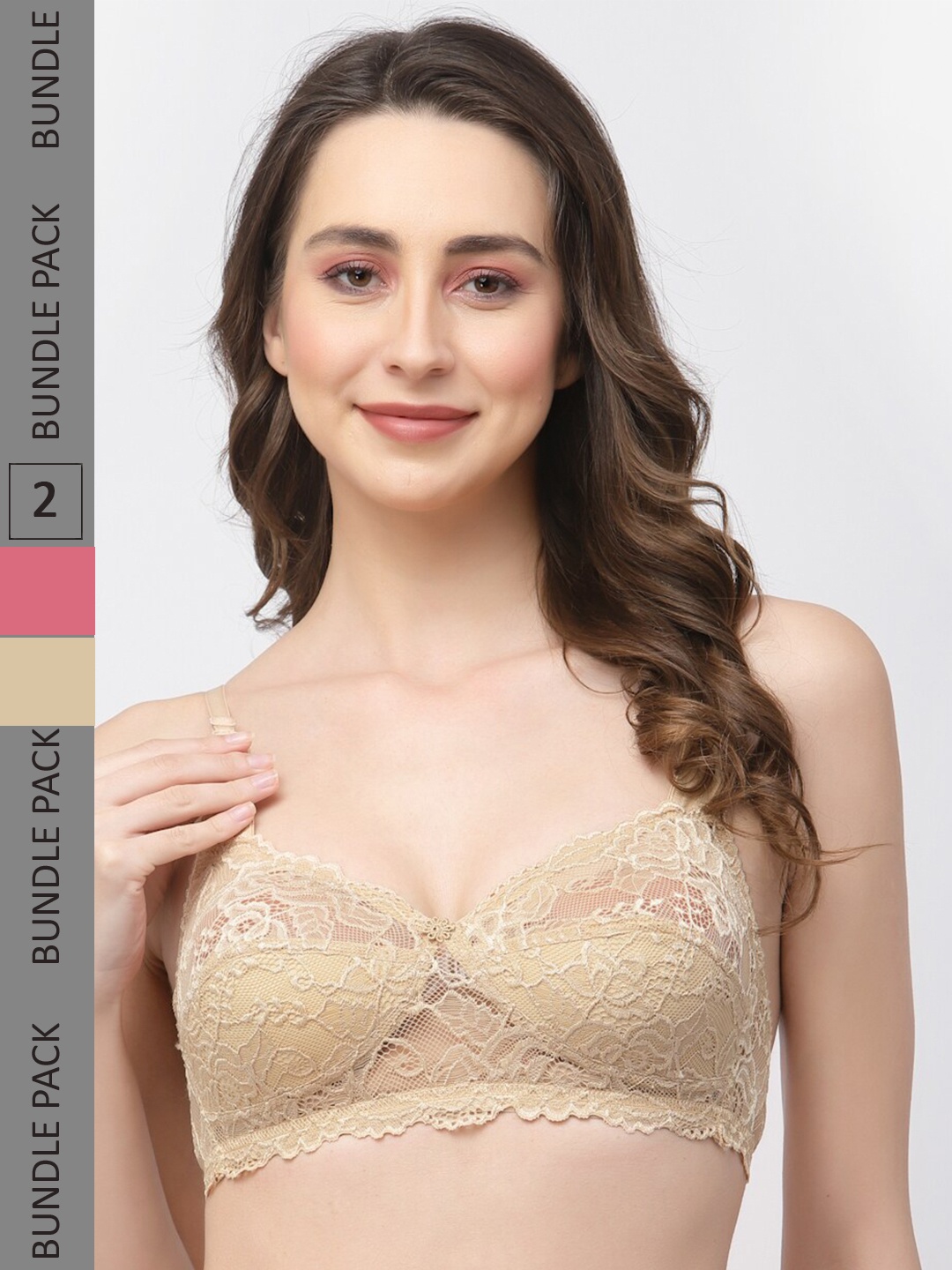 

Docare Pack Of 2 Non-Padded Non Wired Lace Half Coverage Cotton Bralette Bra, Pink