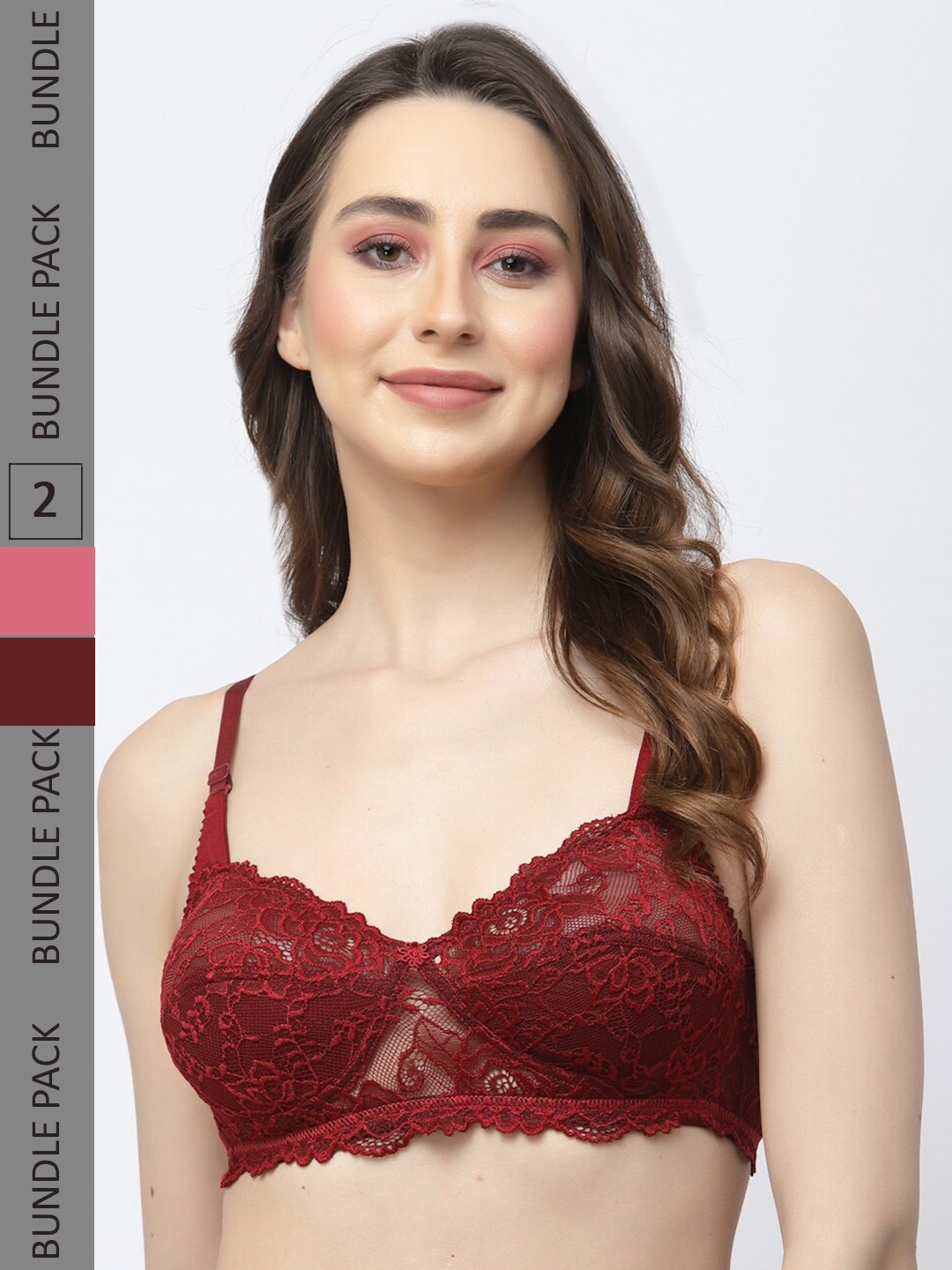 

Docare Pack Of 2 Non-Padded Non Wired Lace Half Coverage Cotton Bralette Bra, Maroon