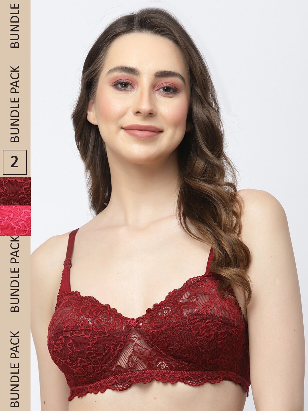 

Docare Pack Of 2 Floral Non Padded All Day Comfort Non-Wired Cotton Bralette Lace Bra, Maroon