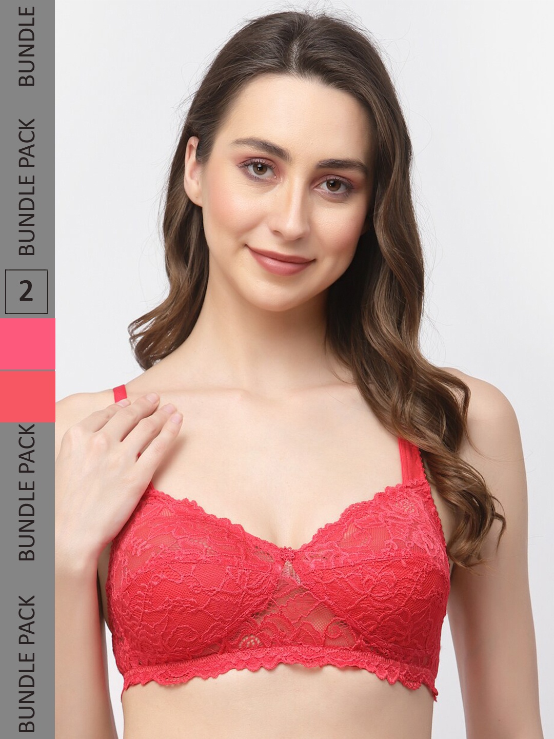 

Docare Pack Of 2 Non-Padded Non Wired Lace Half Coverage Cotton Bralette Bra, Red