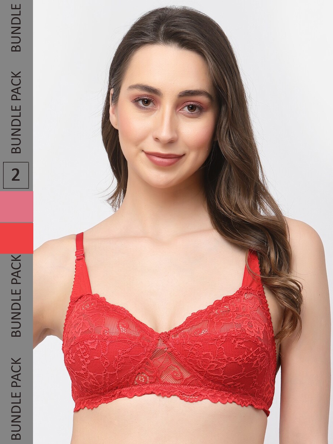 

Docare Pack Of 2 Non-Padded Non Wired Lace Half Coverage Cotton Bralette Bra, Red