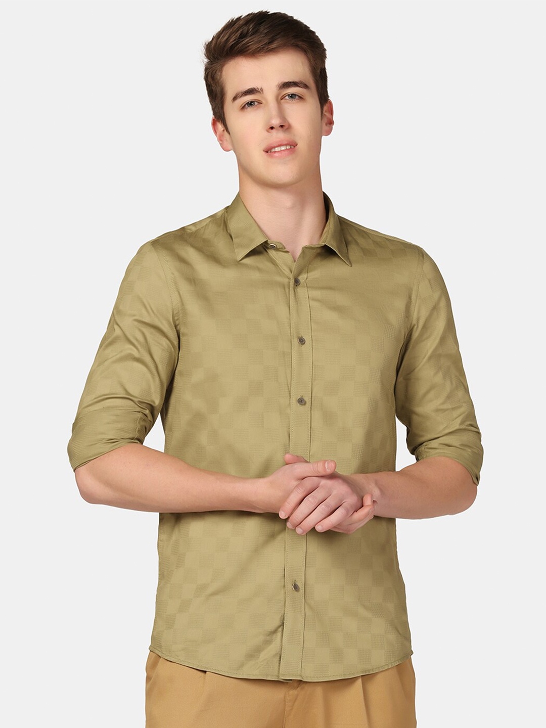 

Blackberrys Self Design Cutaway Collar Pure Cotton Casual Shirt, Olive