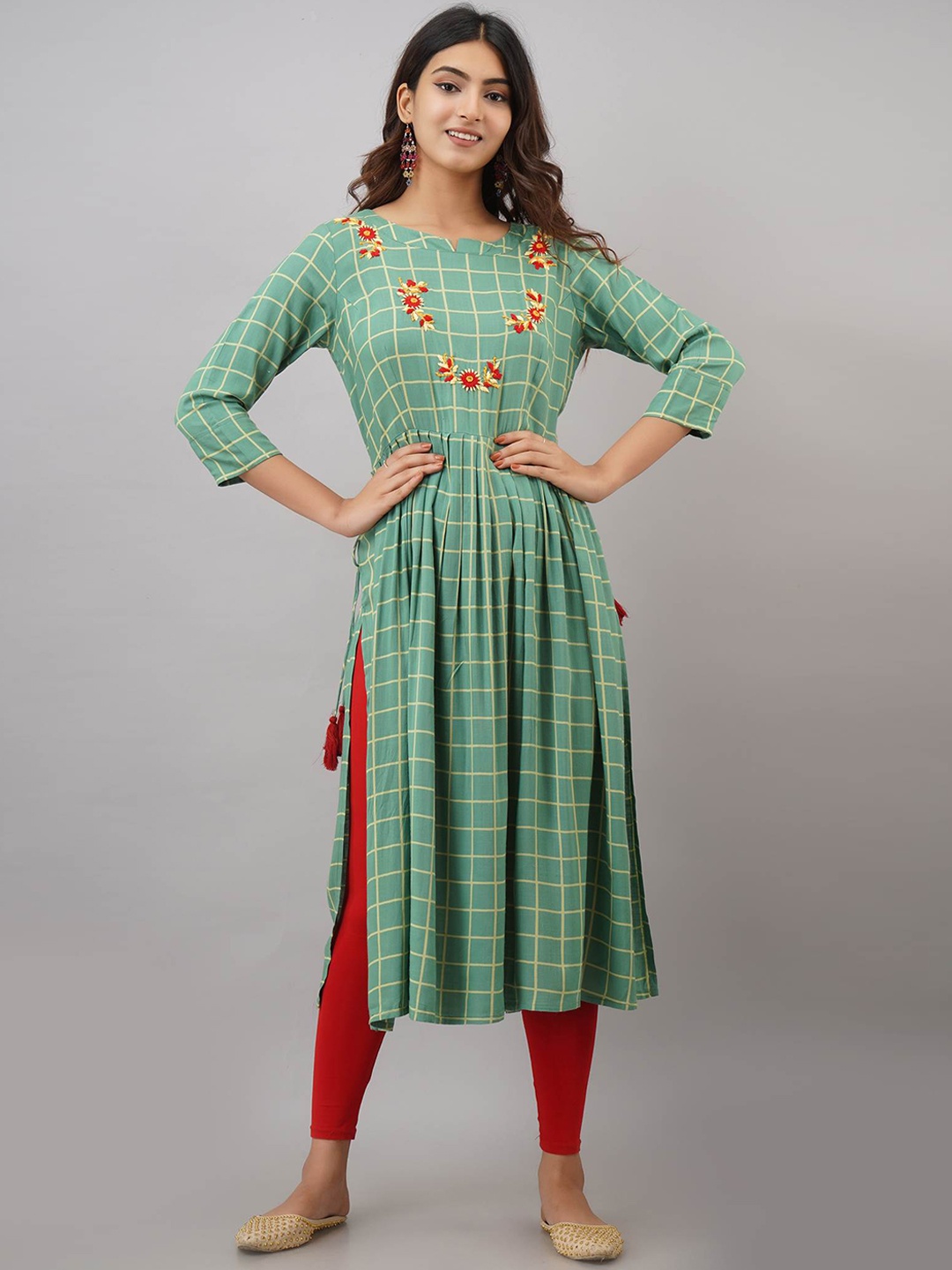 

Spera Notched Neck Pleated Checked Thread Work A-Line Kurta, Sea green