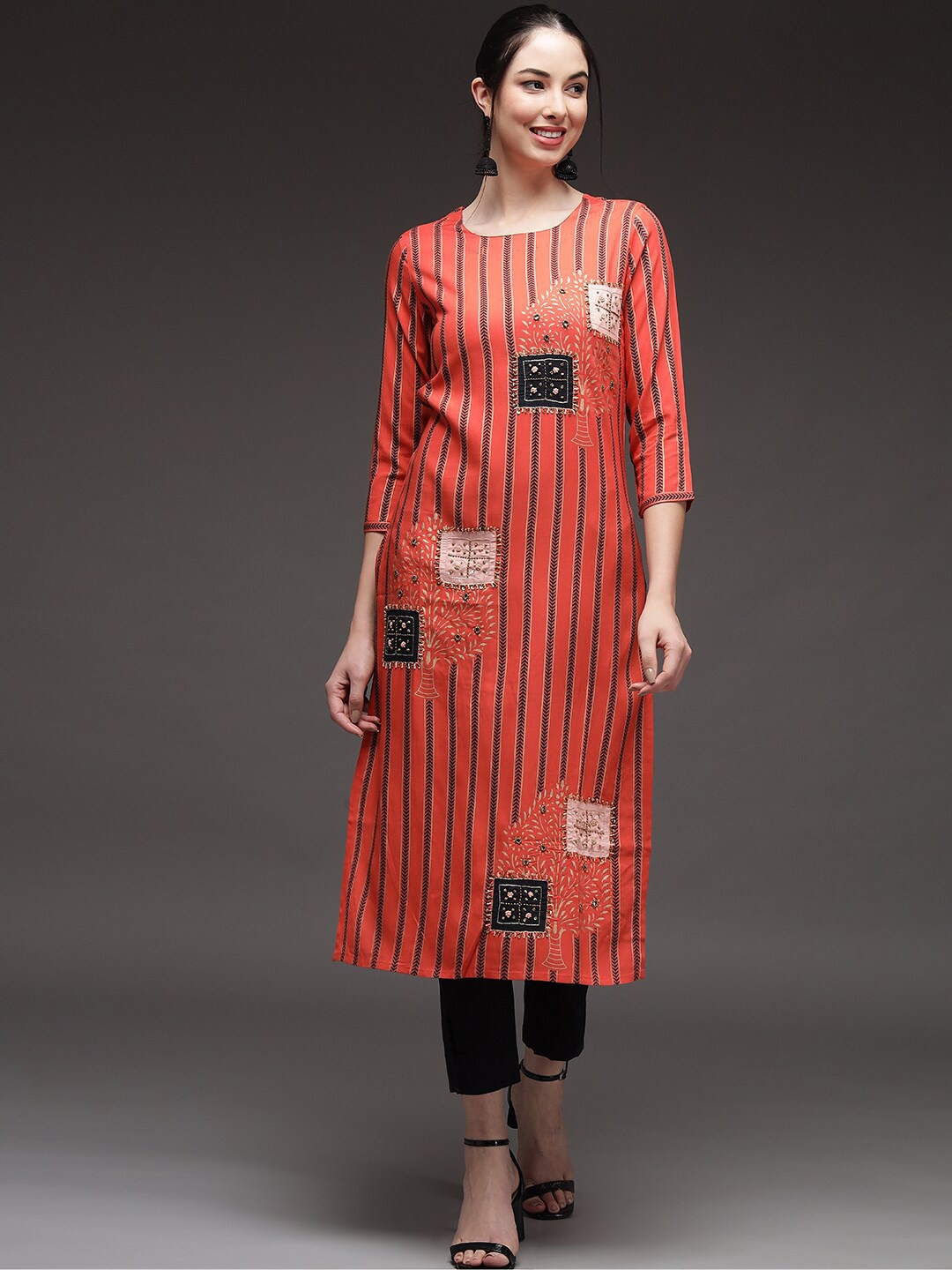 

Spera Striped Sequined & Bead Work Straight Kurta, Orange
