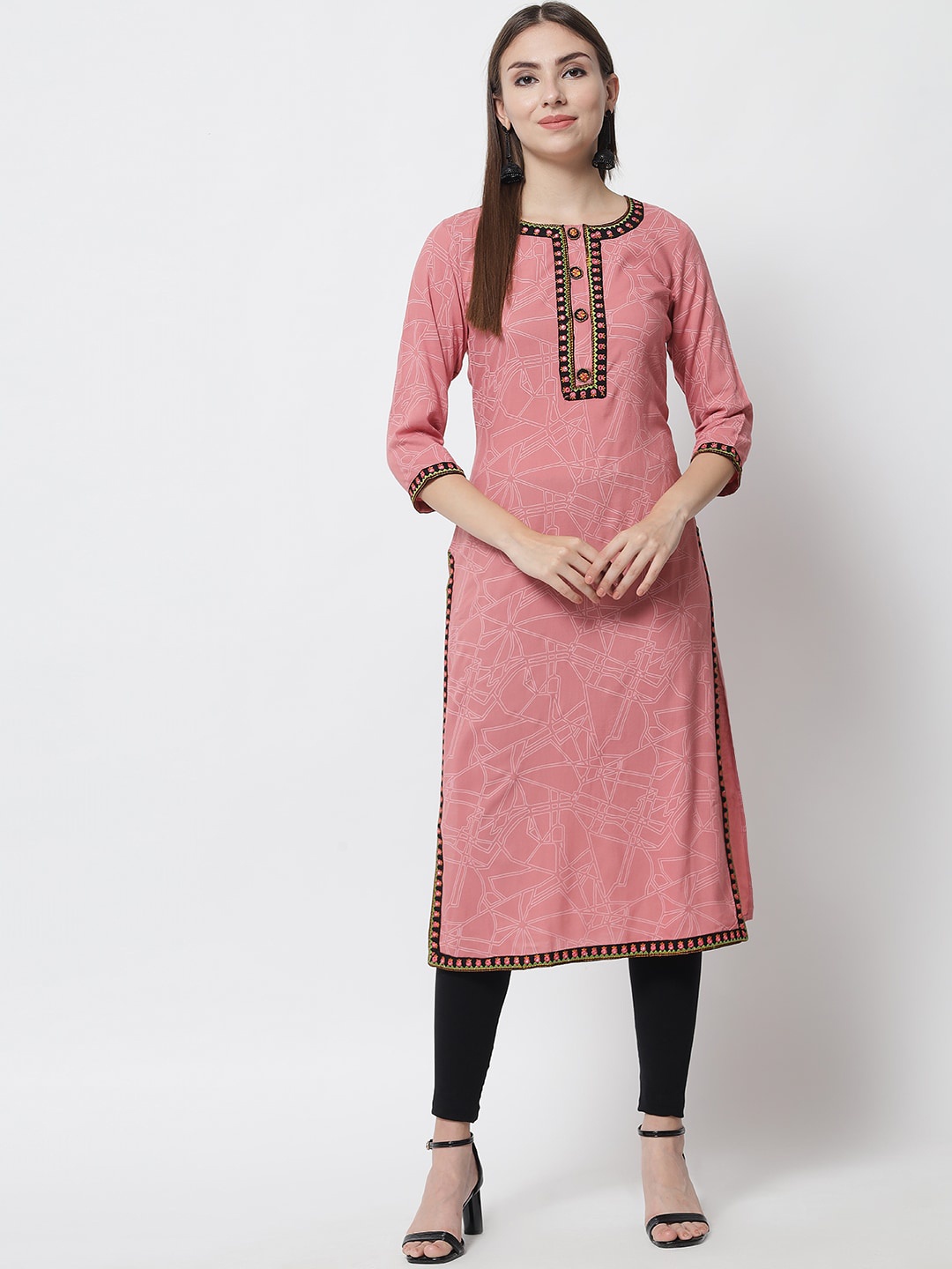 

Spera Geometric Printed Mirror Work Straight Kurta, Peach