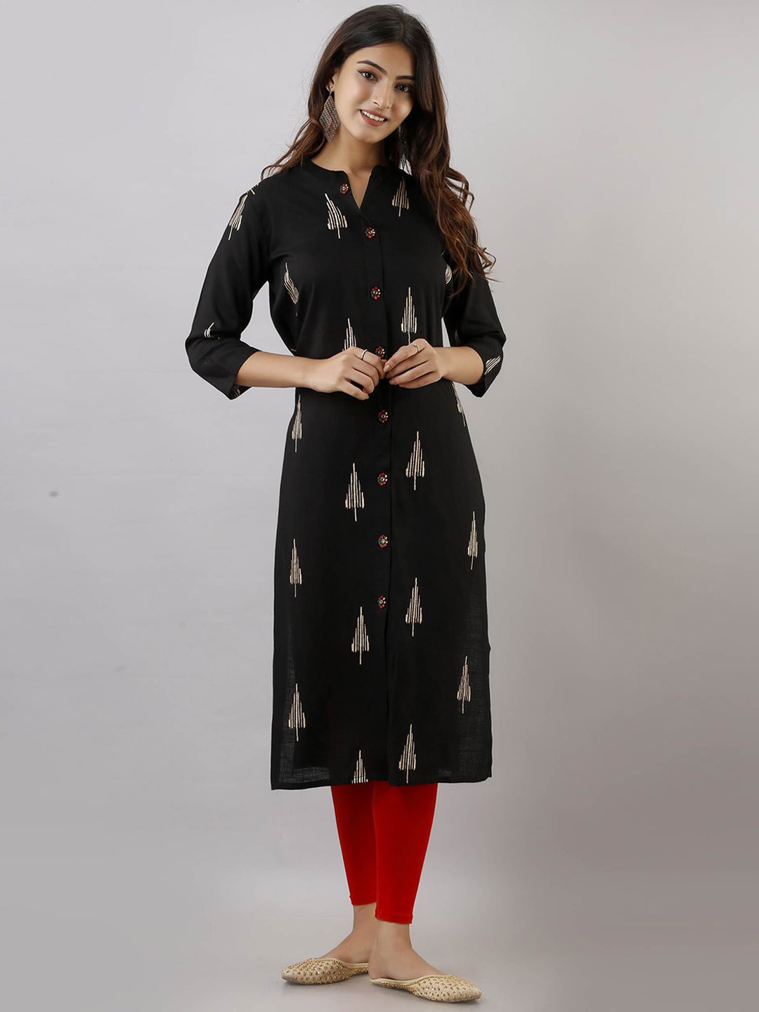 

Spera Band Collar Printed Straight Kurta, Black