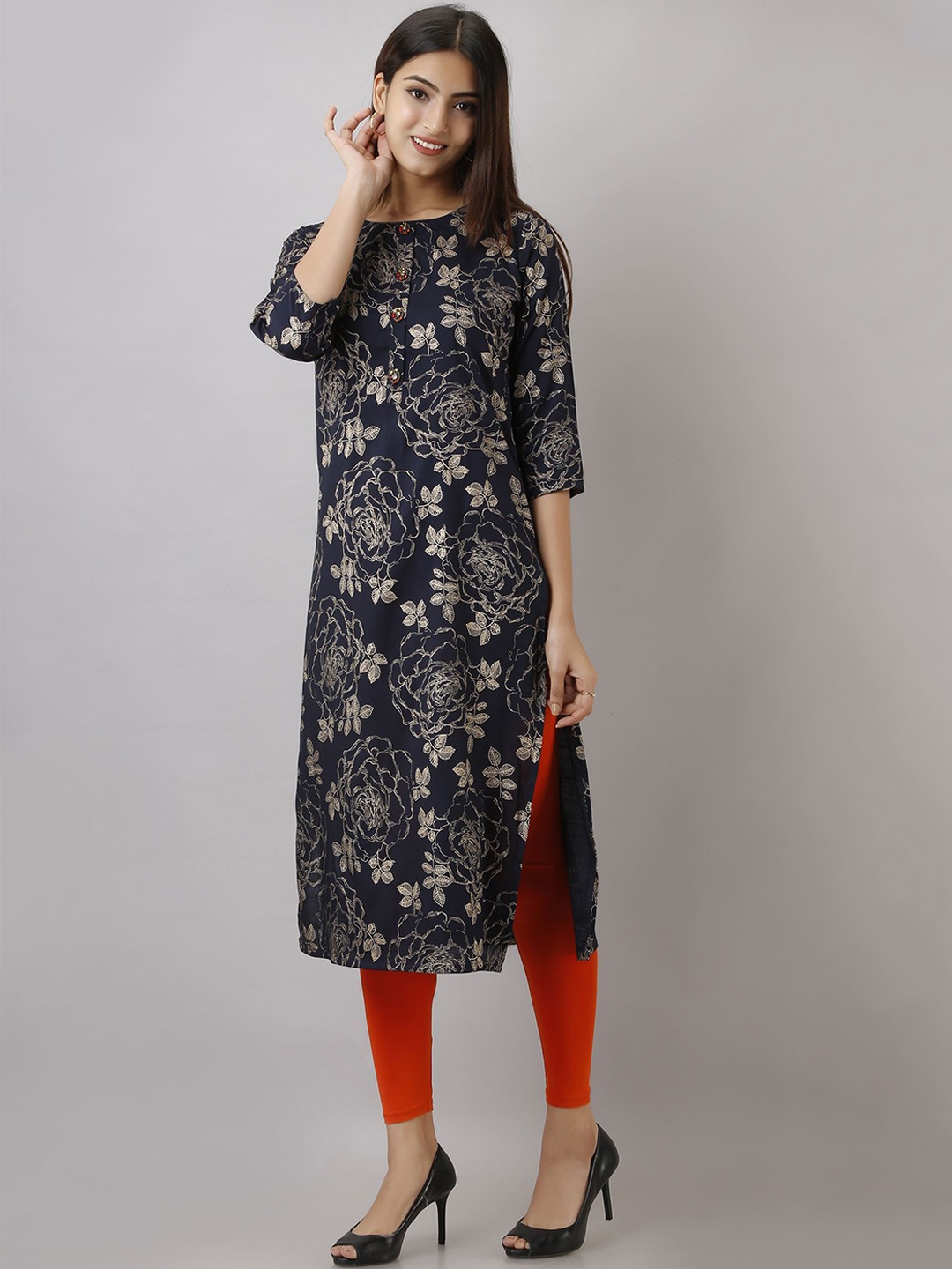 Spera Floral Printed Straight Kurta, Navy blue