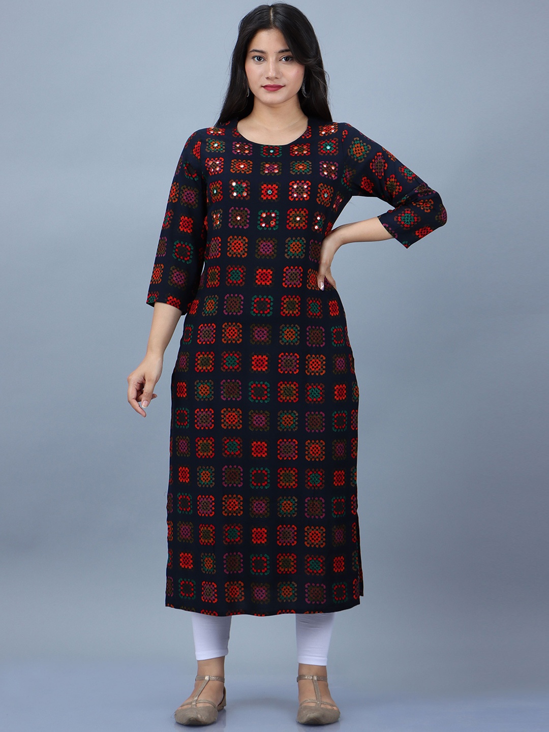 

Spera Geometric Embroidered Mirror Work Kurta, Navy blue