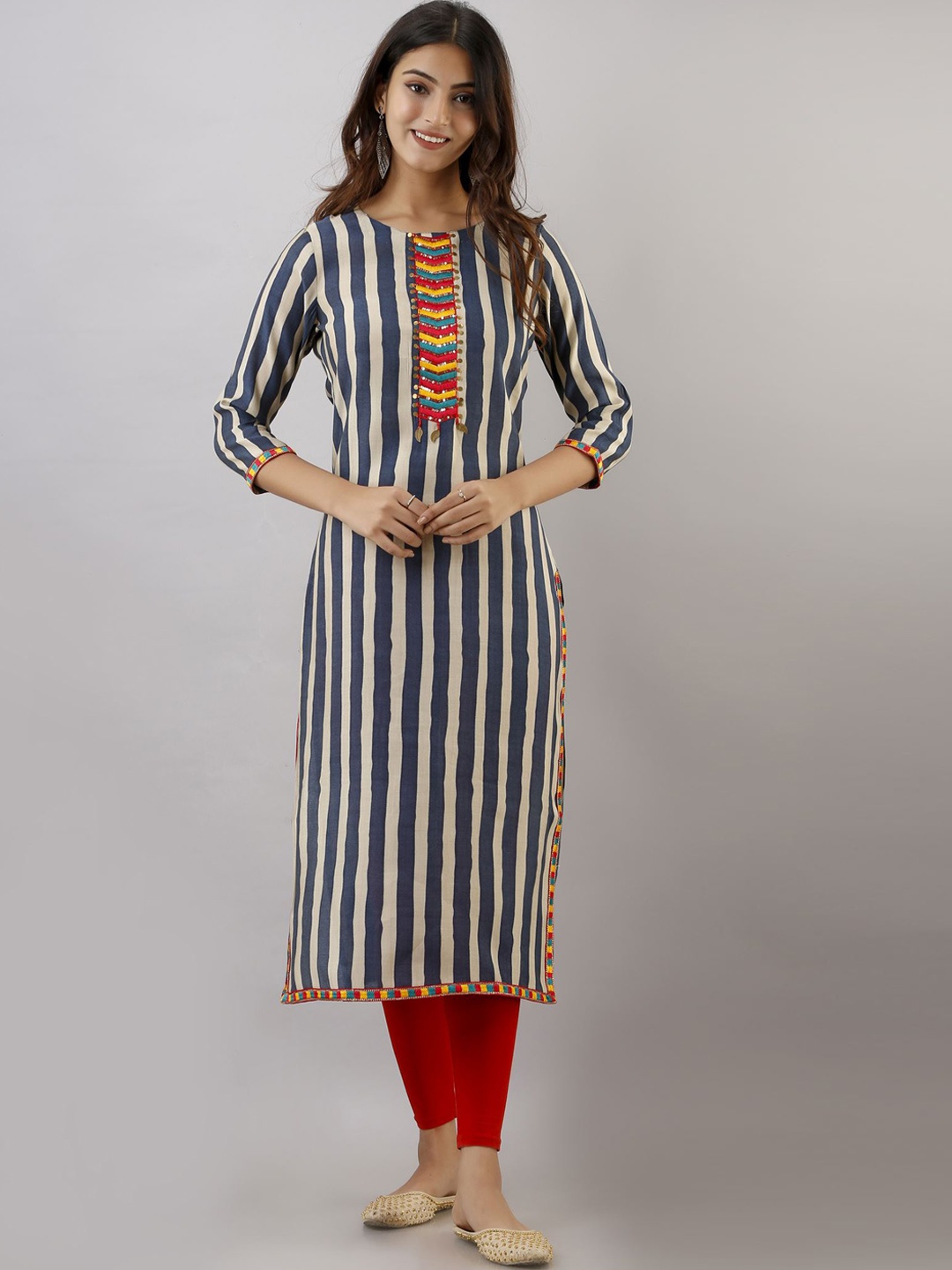 

Spera Striped Sequinned Straight Kurta, Blue
