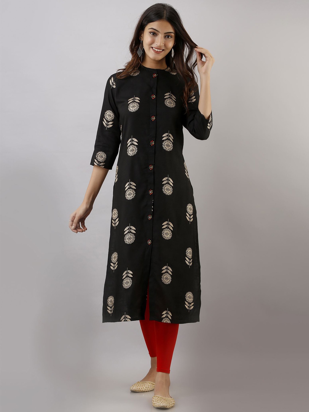 

Spera Floral Printed Band Collar Kurta, Black