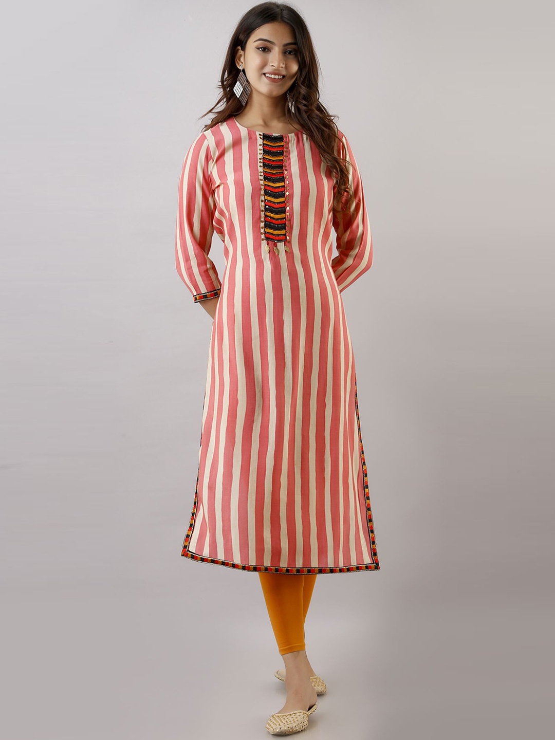 

Spera Striped Sequinned Rayon Straight Kurta, Peach
