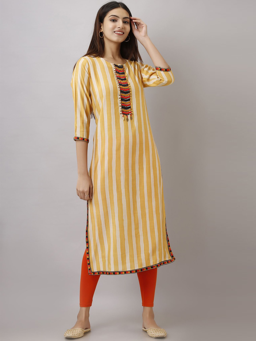 

Spera Striped Sequinned Straight Kurta, Yellow