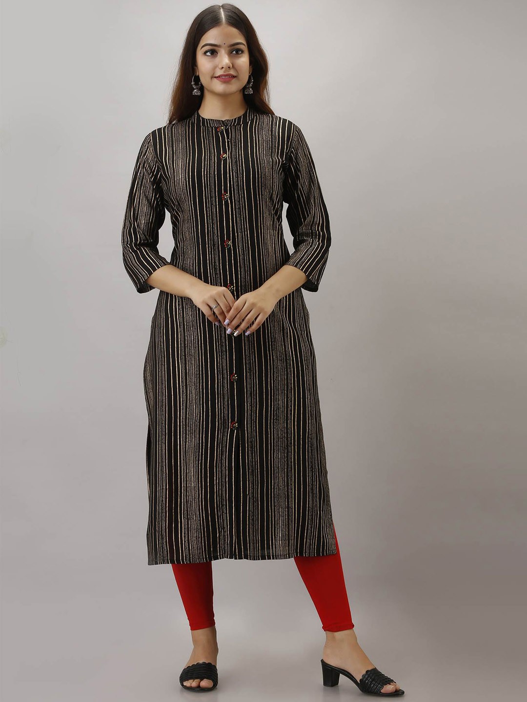 

Spera Striped Mandarin Collar Kurta, Black