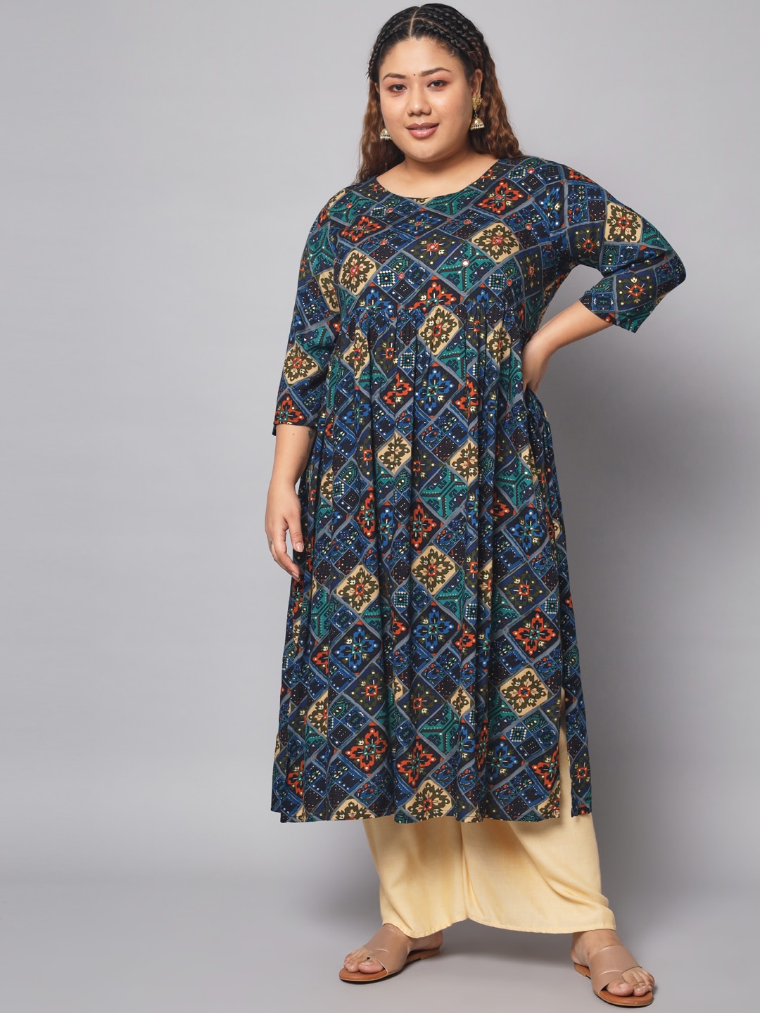 

Spera Ethnic Motifs Printed Mirror Work Kurta, Blue