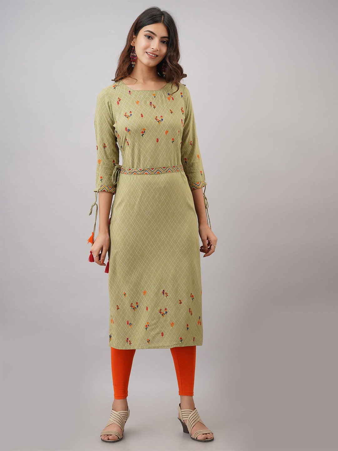 

Spera Floral Embroidered Thread Work Belted Summer Sheers Kurta, Green