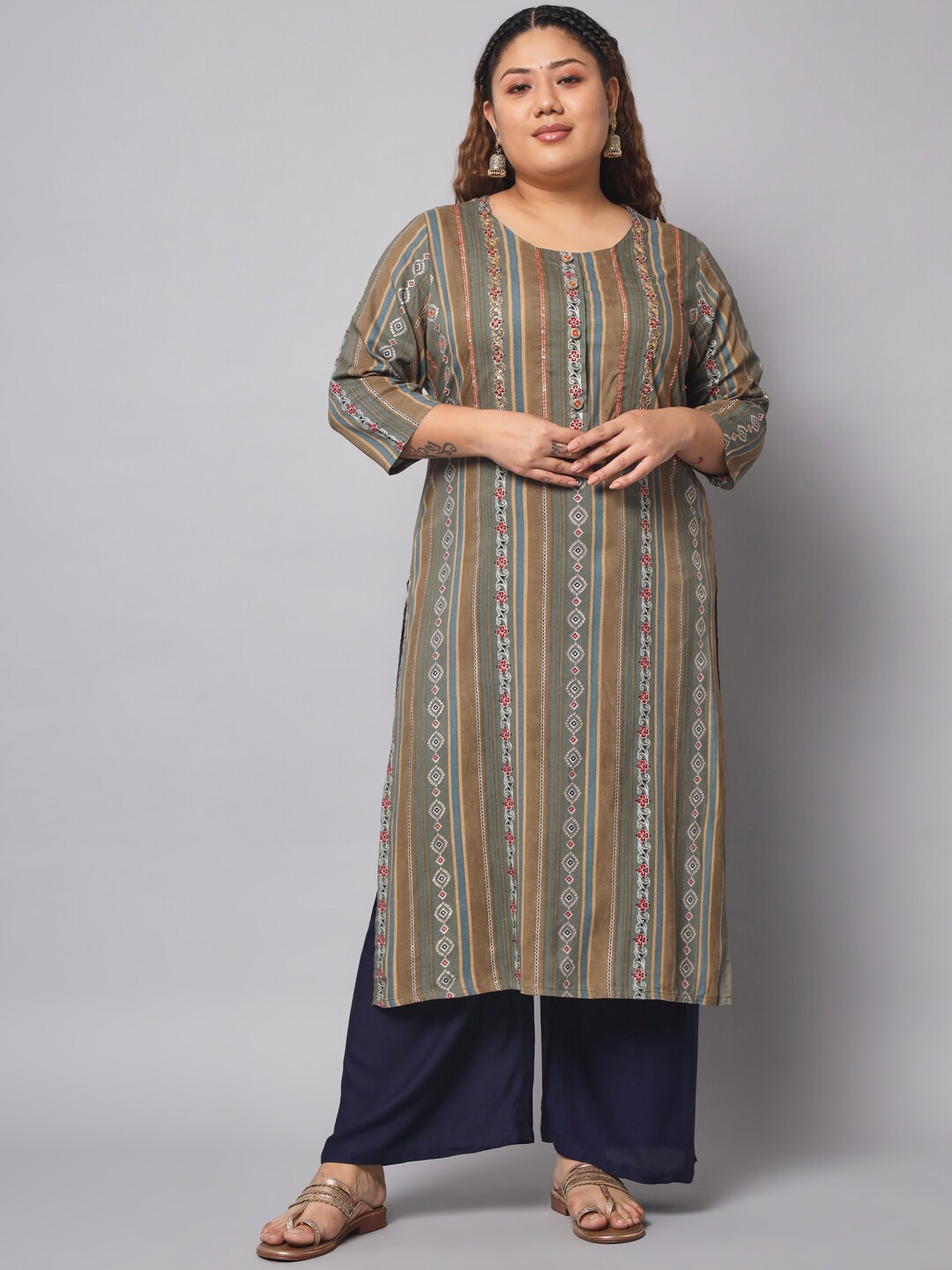 

Spera Plus Size Striped Sequinned Regular Kurta, Olive