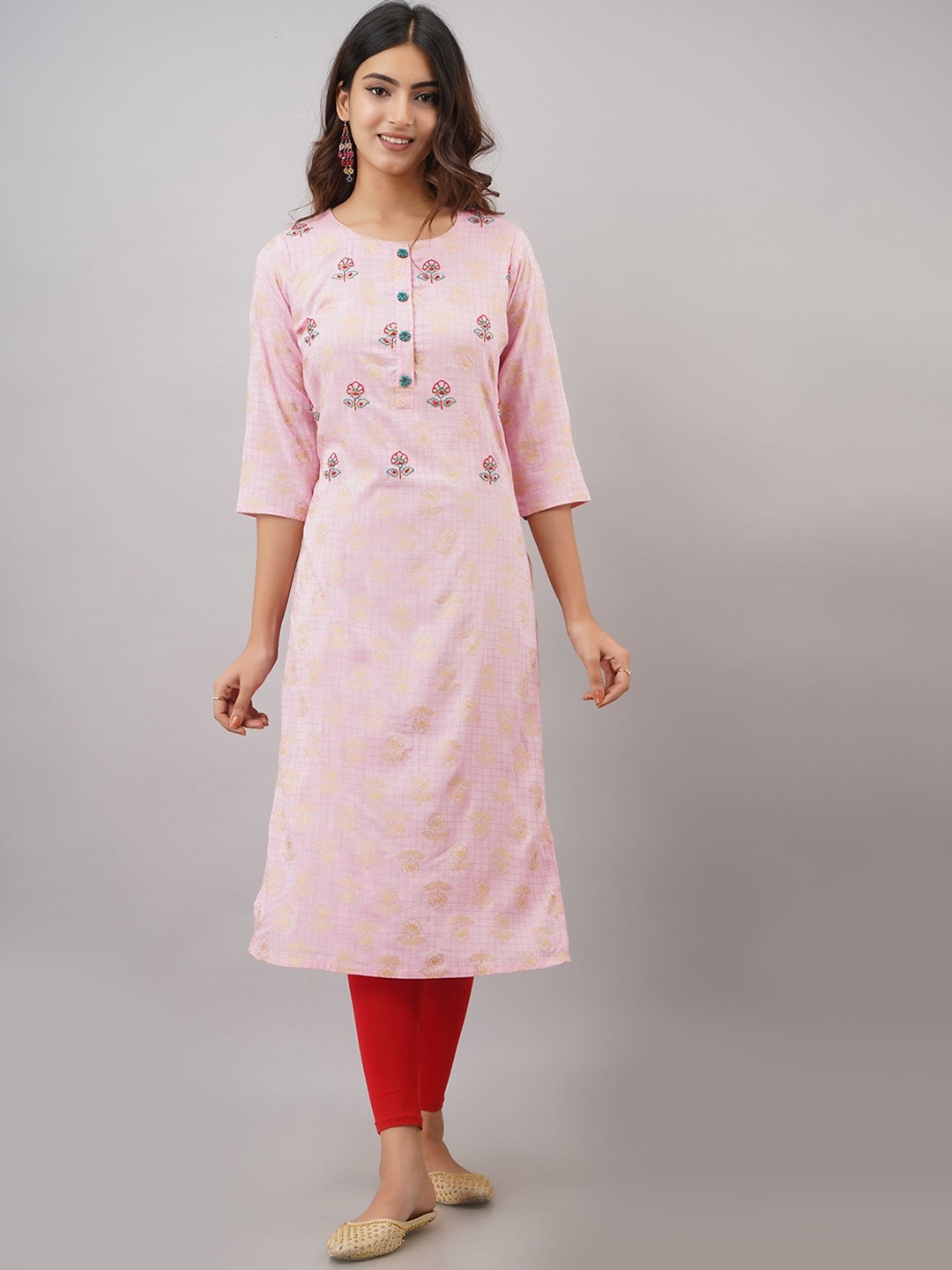 

Spera Floral Printed Thread Work Straight Regular Kurta, Pink