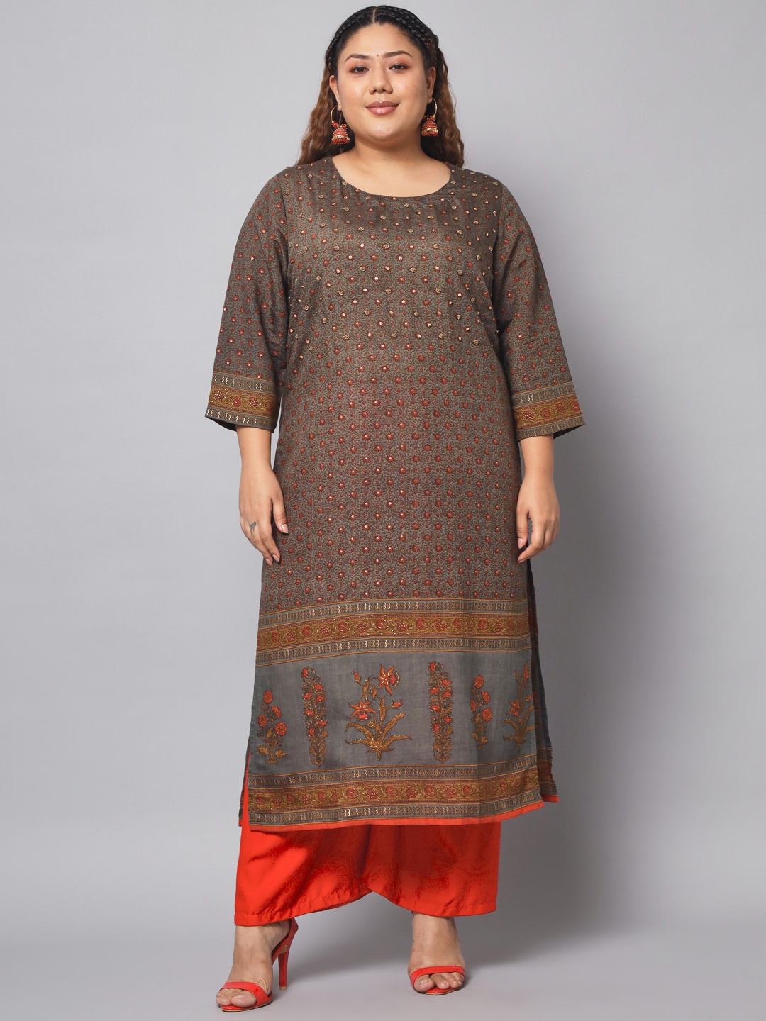 

Spera Plus Size Floral Printed Sequinned Straight Kurta, Brown