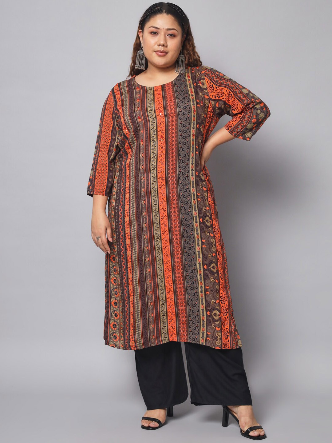 

Spera Plus Size Striped Straight Kurta, Orange