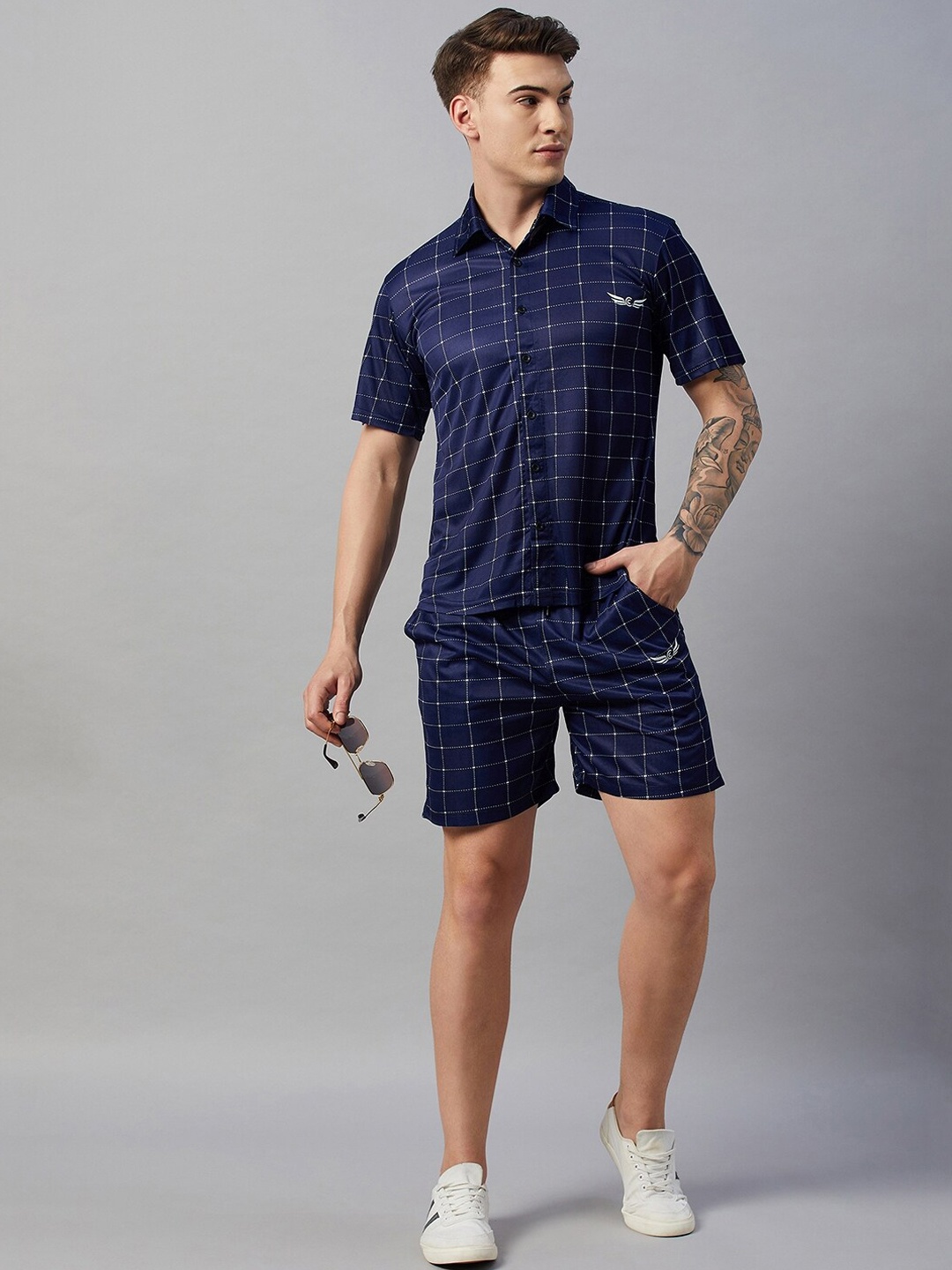 

CHROME & CORAL Checked Shirt Collar Cords, Blue