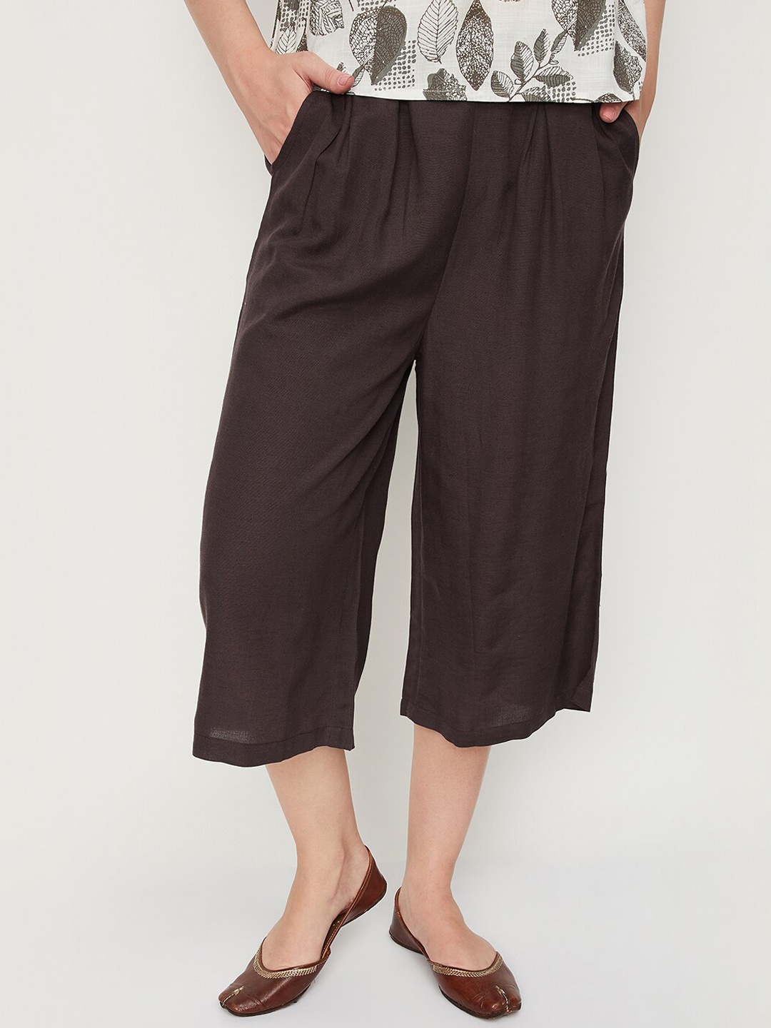 

max Women Mis-Rise Pleated Plain Culottes Trousers, Coffee brown