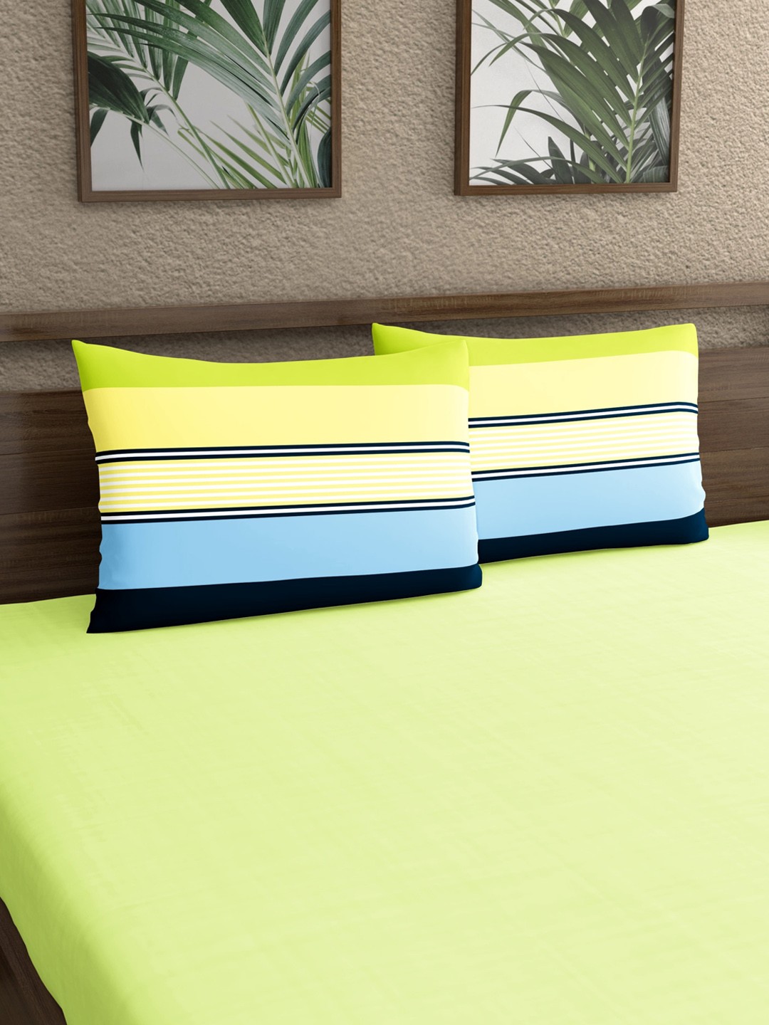 

Dreamscape Lime-Green & Blue 2-Pieces Striped 140 TC Pure Cotton Pillow Covers