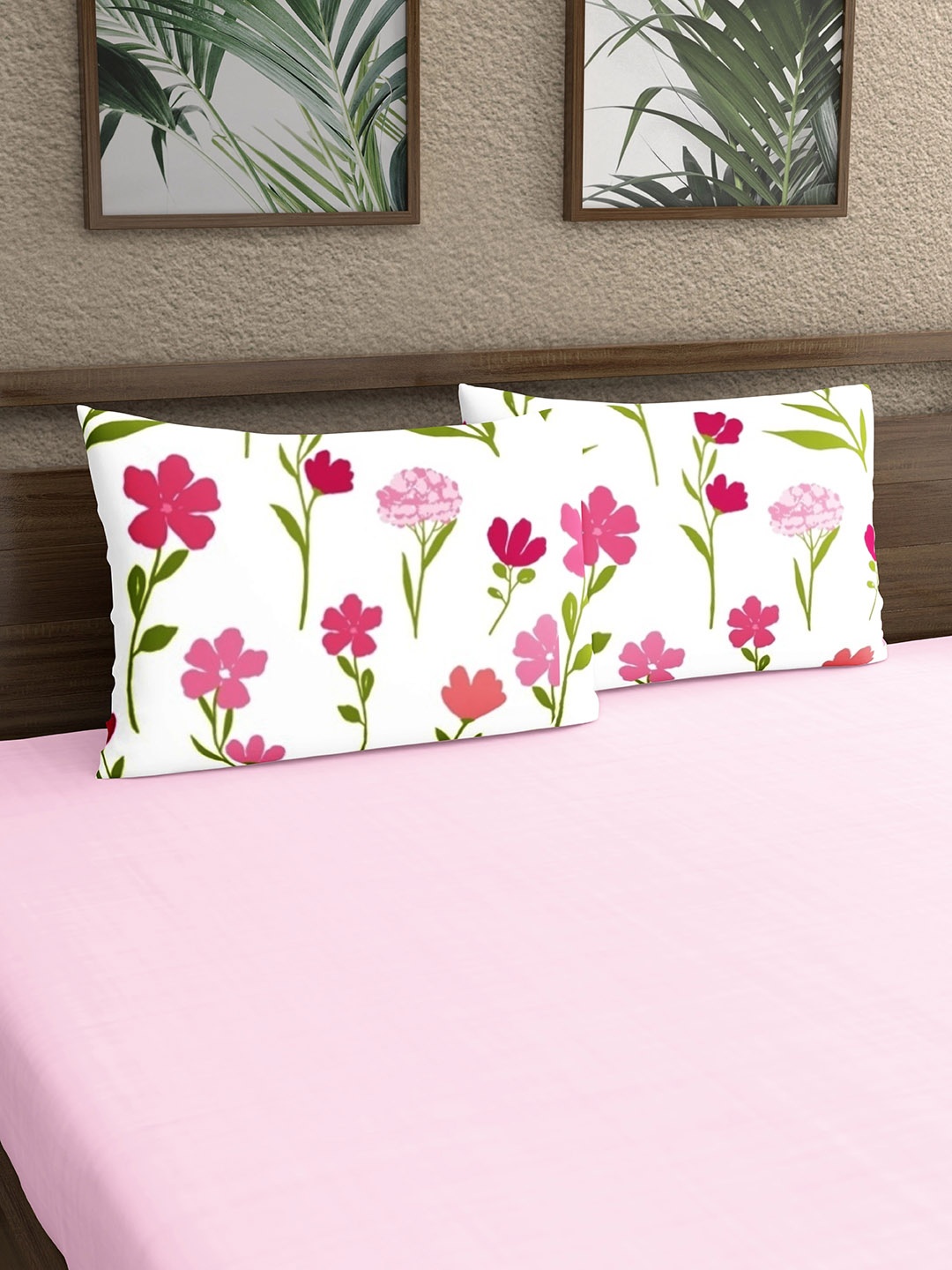 

Dreamscape White & Pink 2-Pieces Floral Printed Pure Cotton 140 TC Pillow Covers