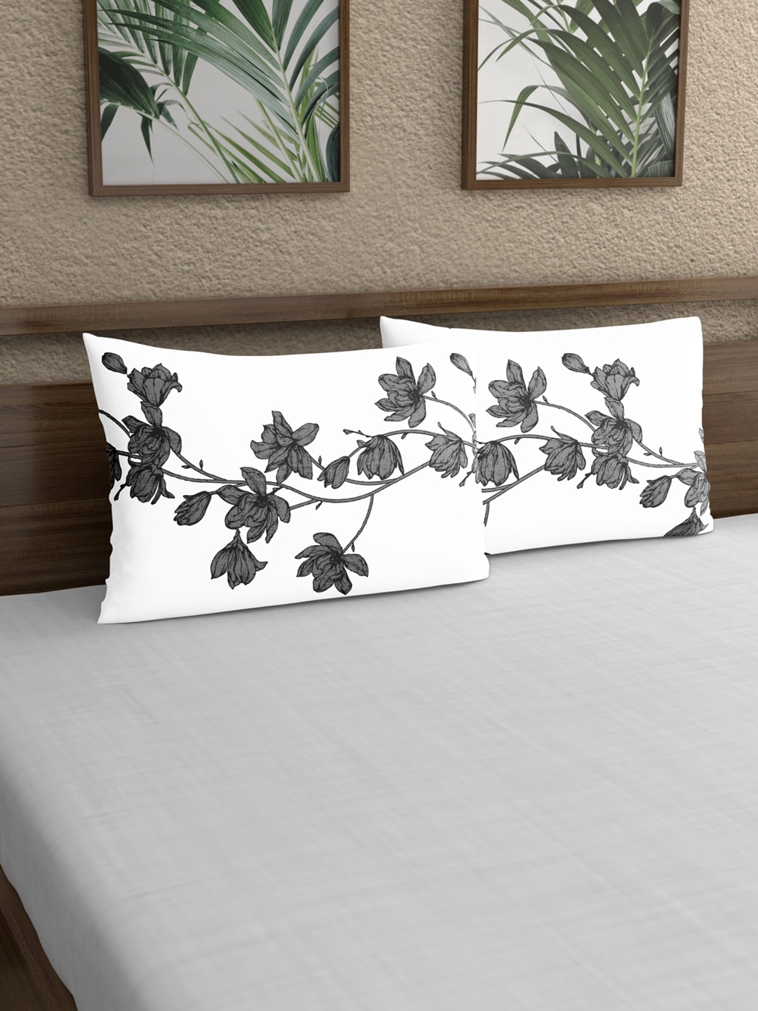 

Dreamscape White & Grey 2-Pieces Floral Printed 140 TC Pure Cotton Pillow Covers