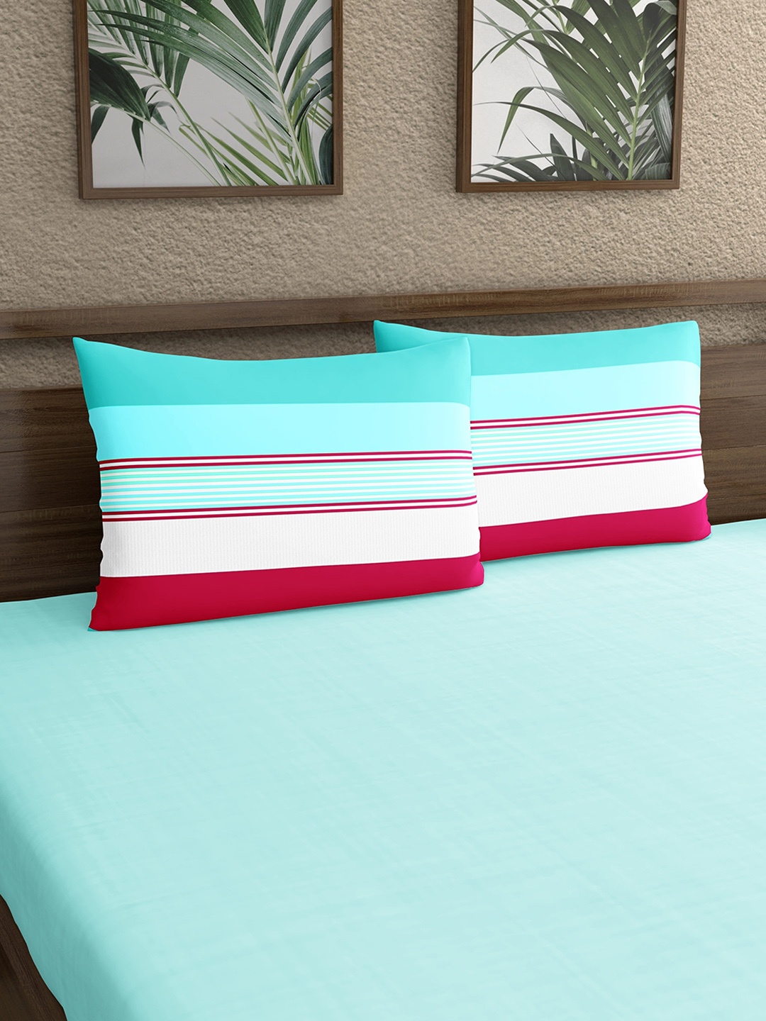 

Dreamscape Sea-Green & Red 2-Pieces Striped 140 TC Pure Cotton Pillow Covers