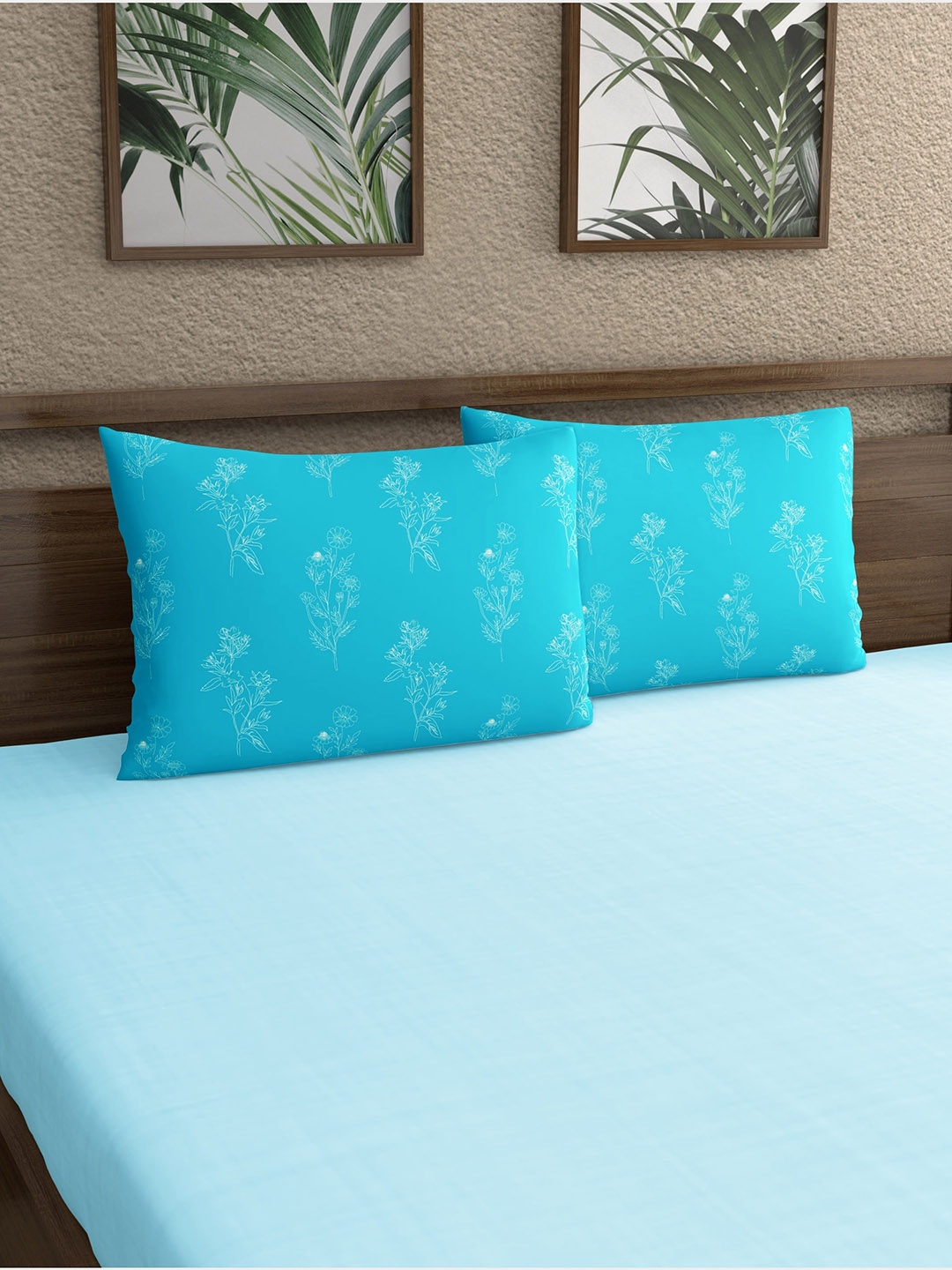 

Dreamscape Teal-Blue 2-Pieces Floral Printed 140 TC Pure Cotton Pillow Covers