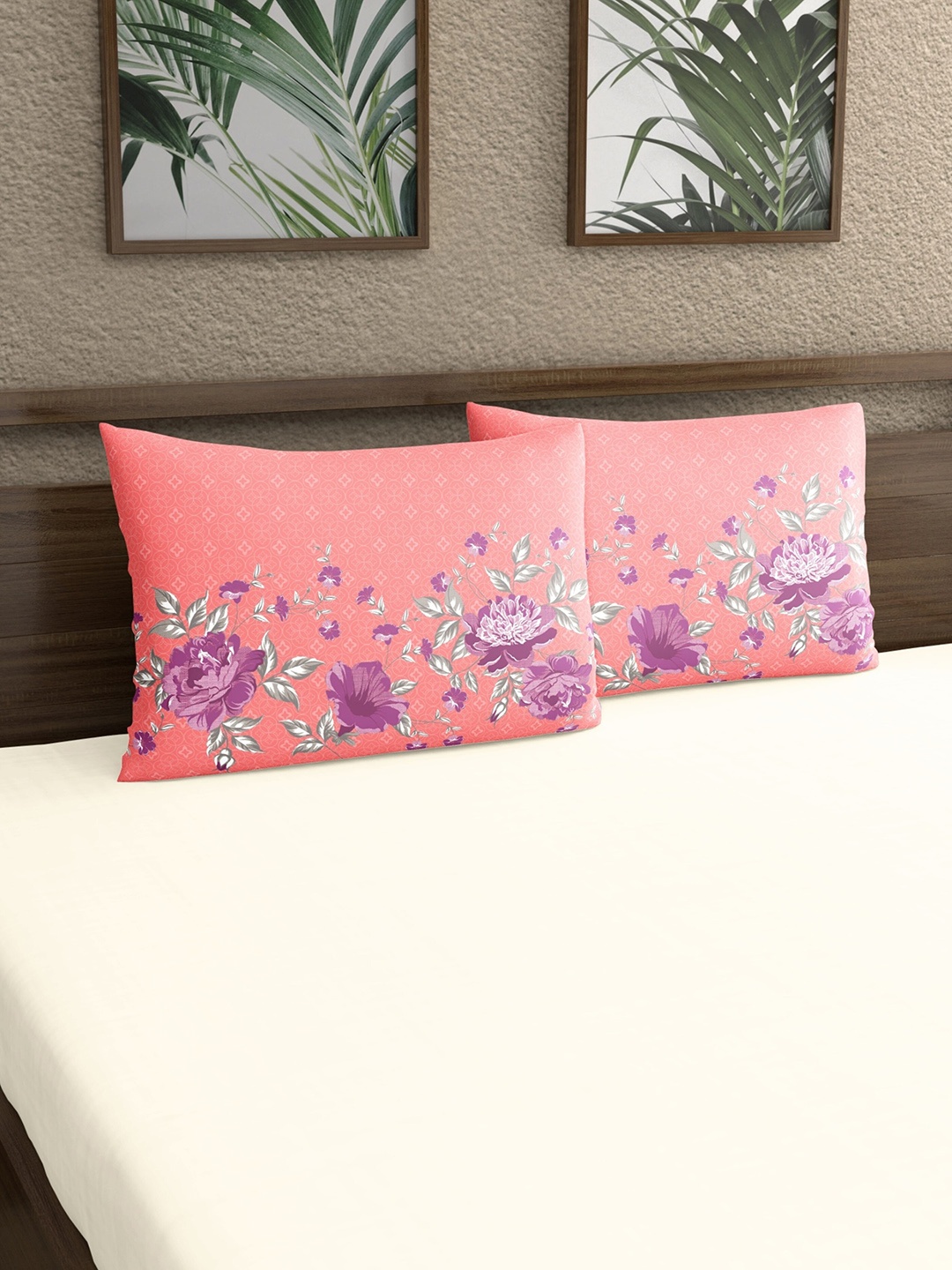 

Dreamscape Pink & Purple 2-Pieces Floral Printed Pure Cotton 140 TC Pillow Covers