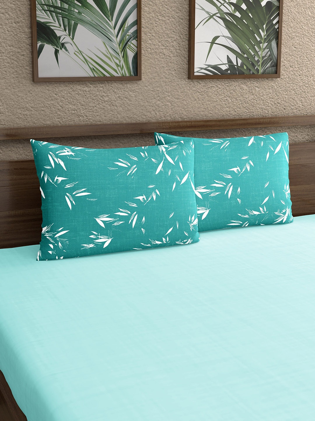 

Dreamscape Teal-Blue & White 2-Pieces Leaf Printed 140 TC Pure Cotton Pillow Covers