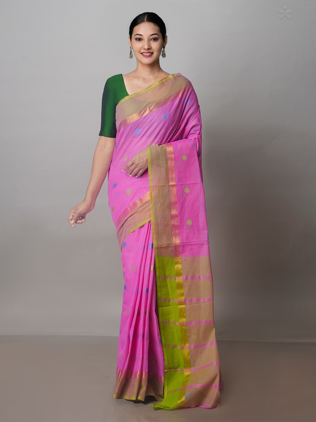 

Unnati Silks Polka Dots Woven Design Zari Pure Cotton Mangalagiri Saree, Pink