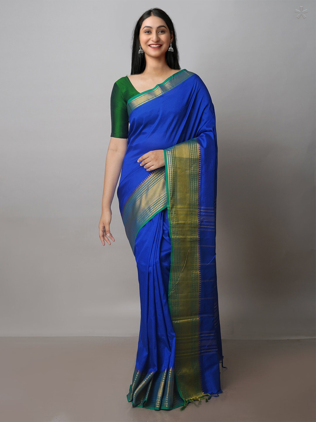 

Unnati Silks Woven Design Zari Silk Blend Mangalagiri Saree, Blue