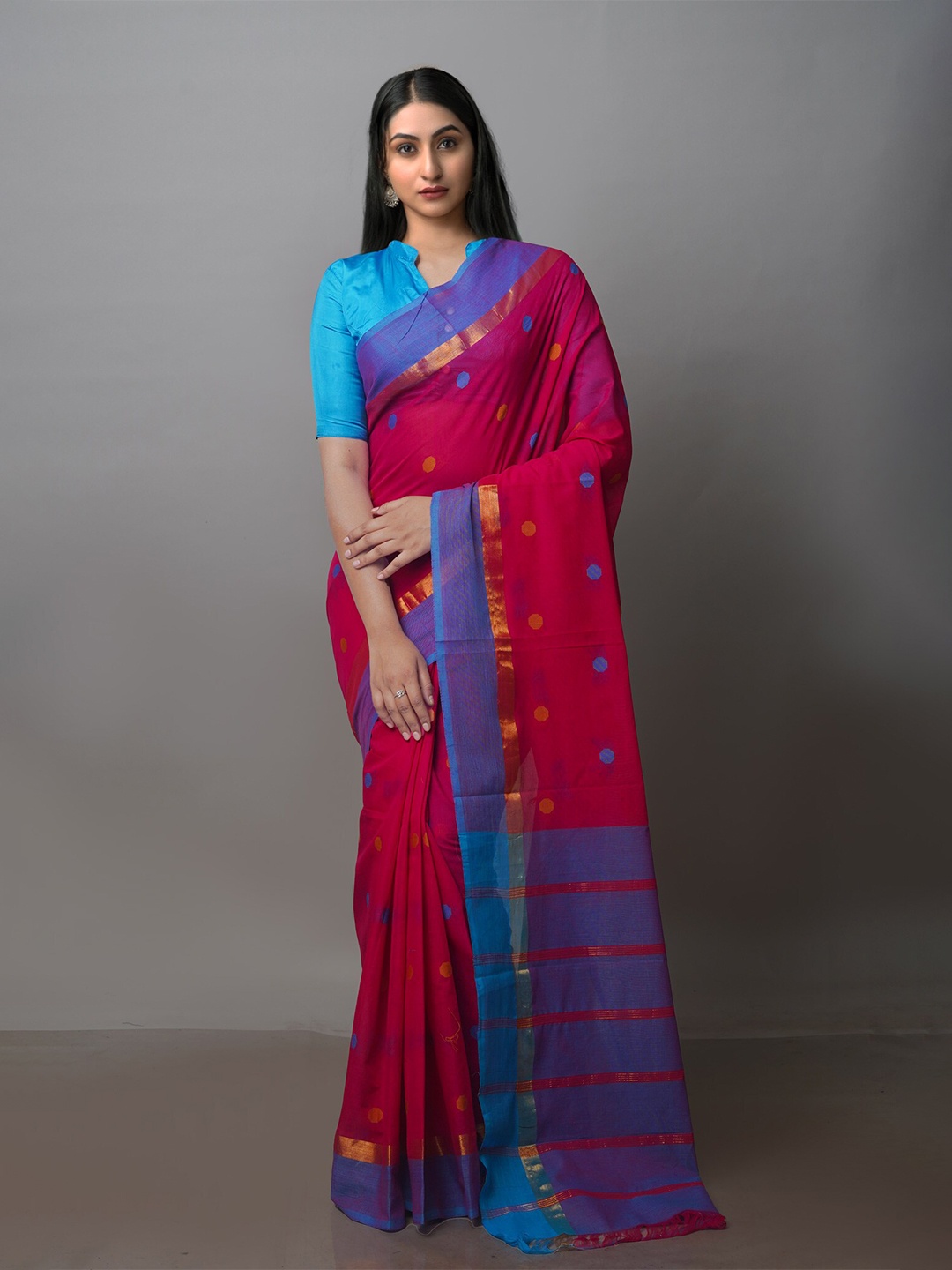 

Unnati Silks Polka Dots Woven Design Zari Pure Cotton Handloom Mangalagiri Saree, Pink