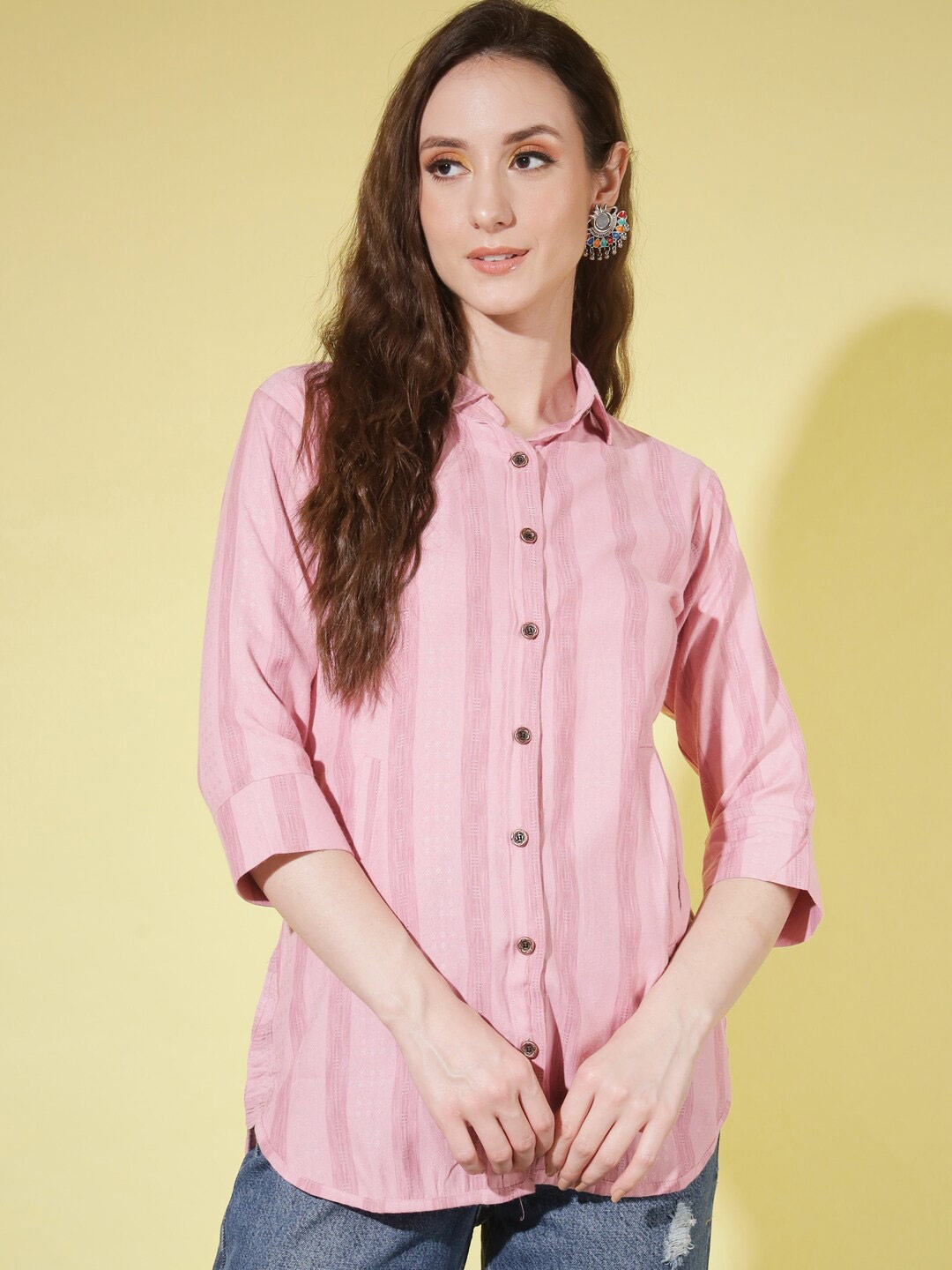 

GUFRINA Original Vertical Striped Spread Collar Three Quarter Sleeves Casual Shirt, Pink