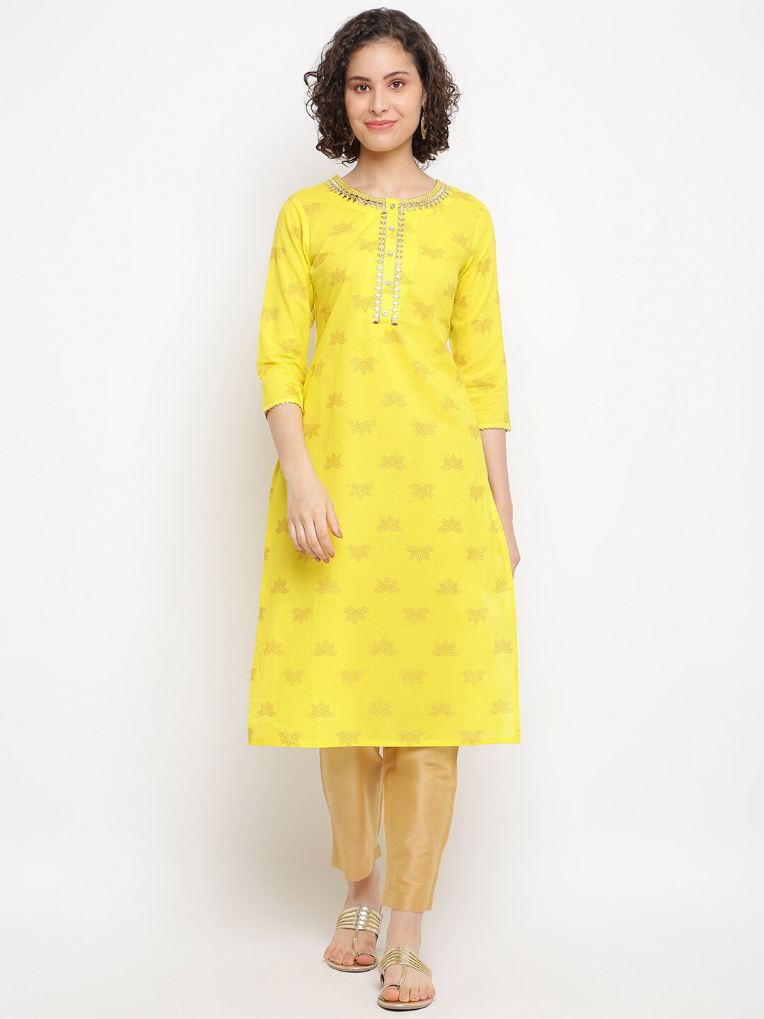 

IMARA Ethnic Motifs Printed Mirror Work Cotton Straight Kurta, Yellow
