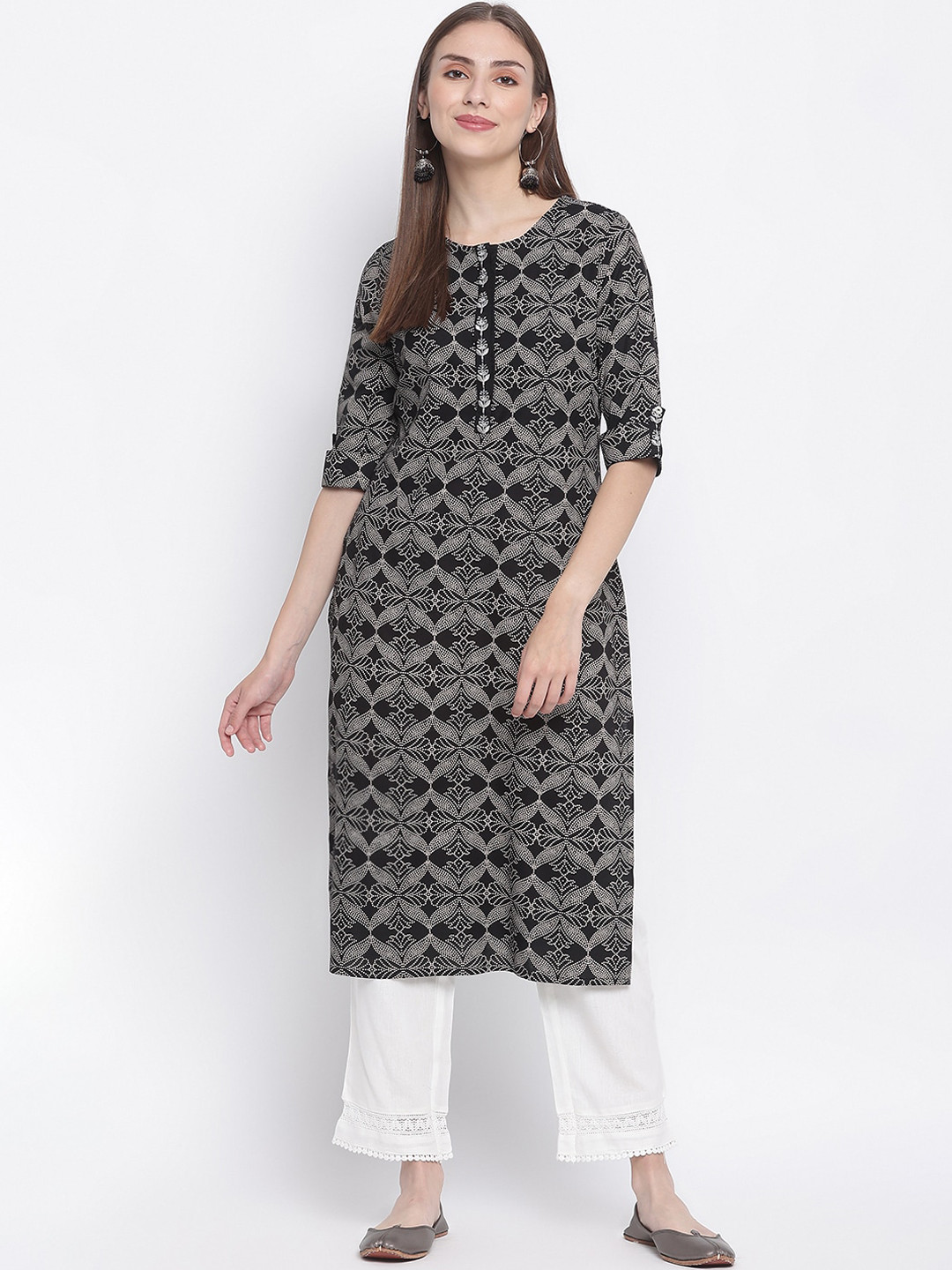 

IMARA Ethnic Motifs Printed Round Neck Straight Kurta, Black