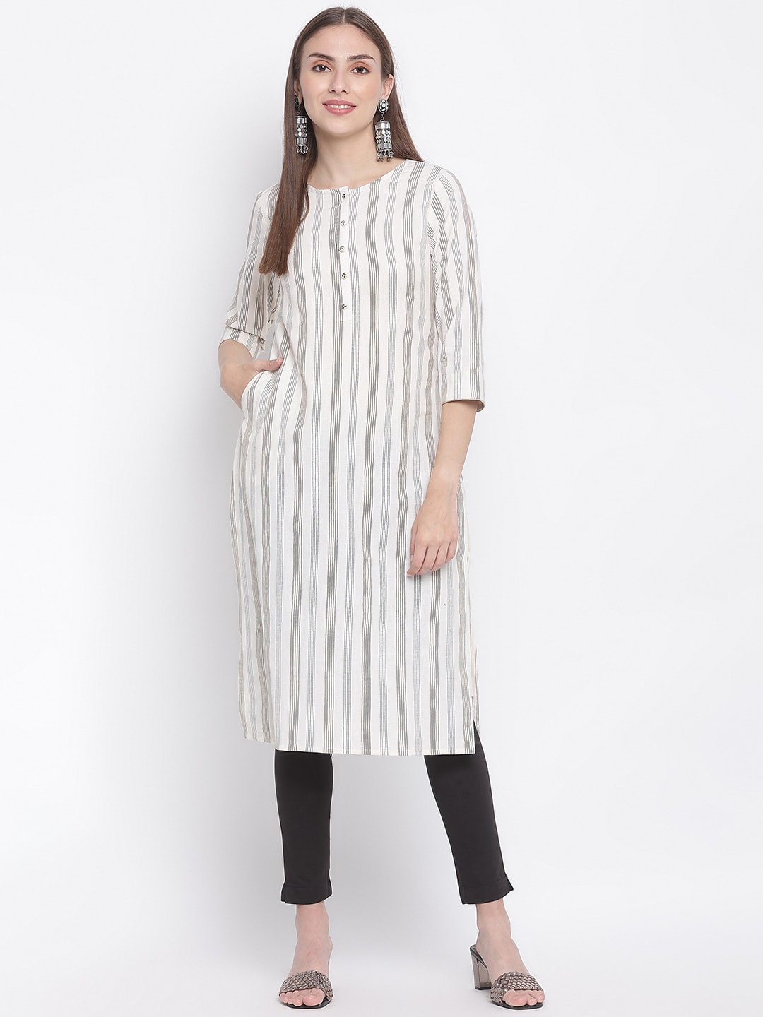 

IMARA Striped Pure Cotton Straight Kurta, White