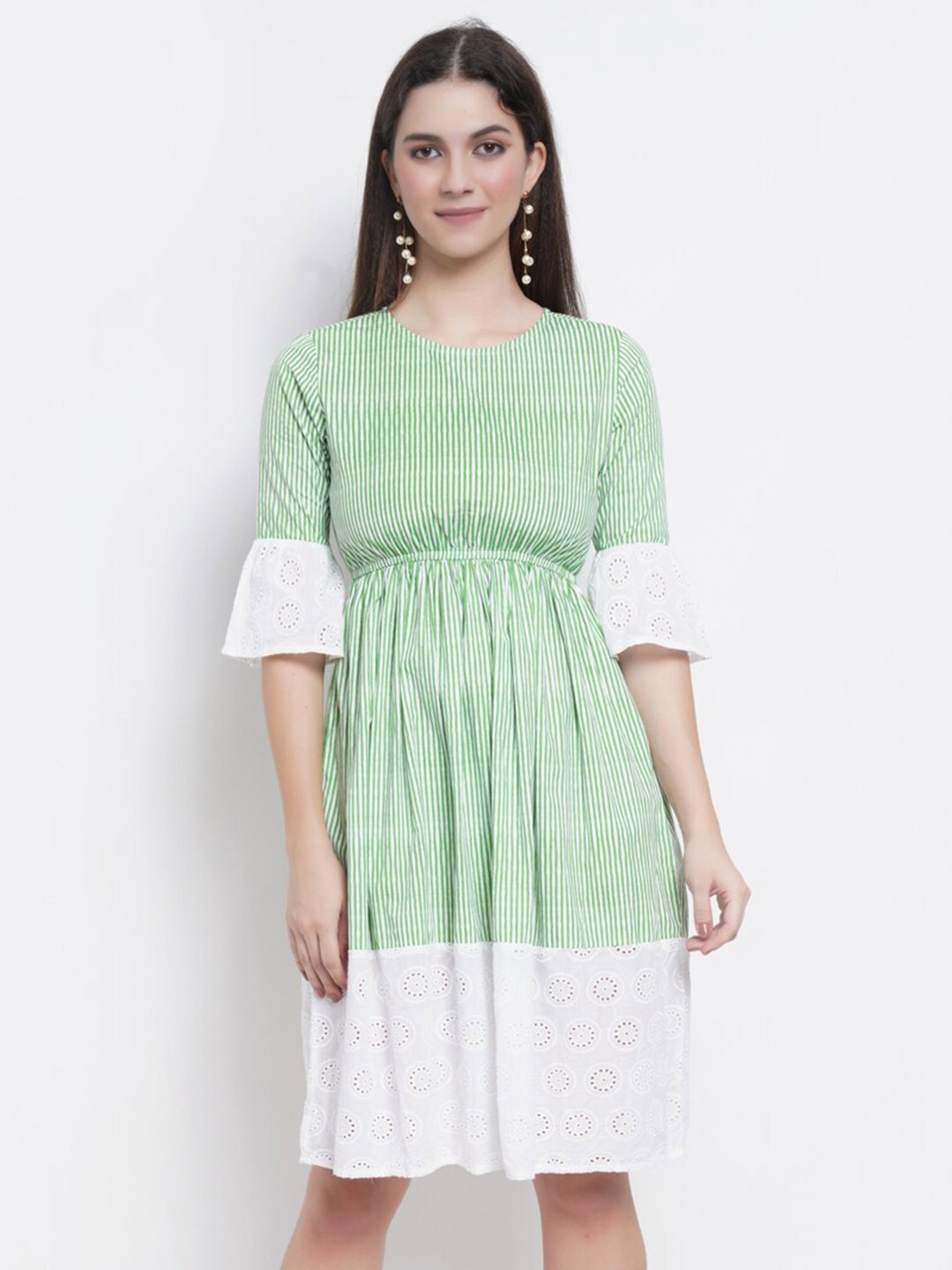 

WESTCLO White Colourblocked Bell Sleeve Fit & Flare Dress