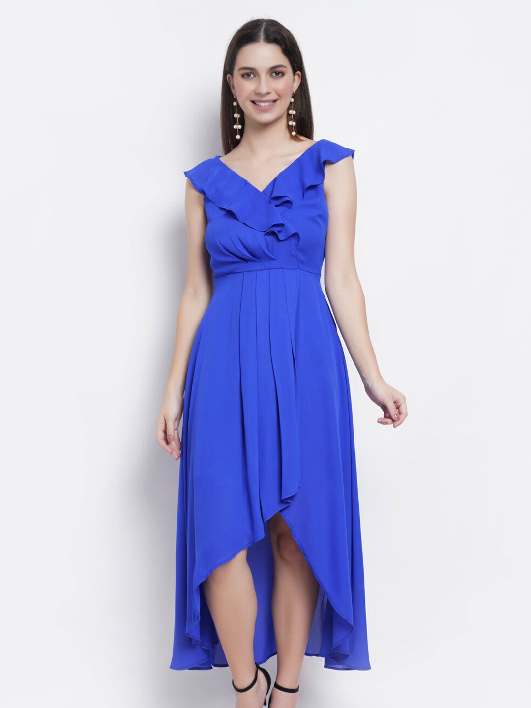 

WESTCLO V-Neck Ruffles High Low Fit & Flare Midi Dress, Blue